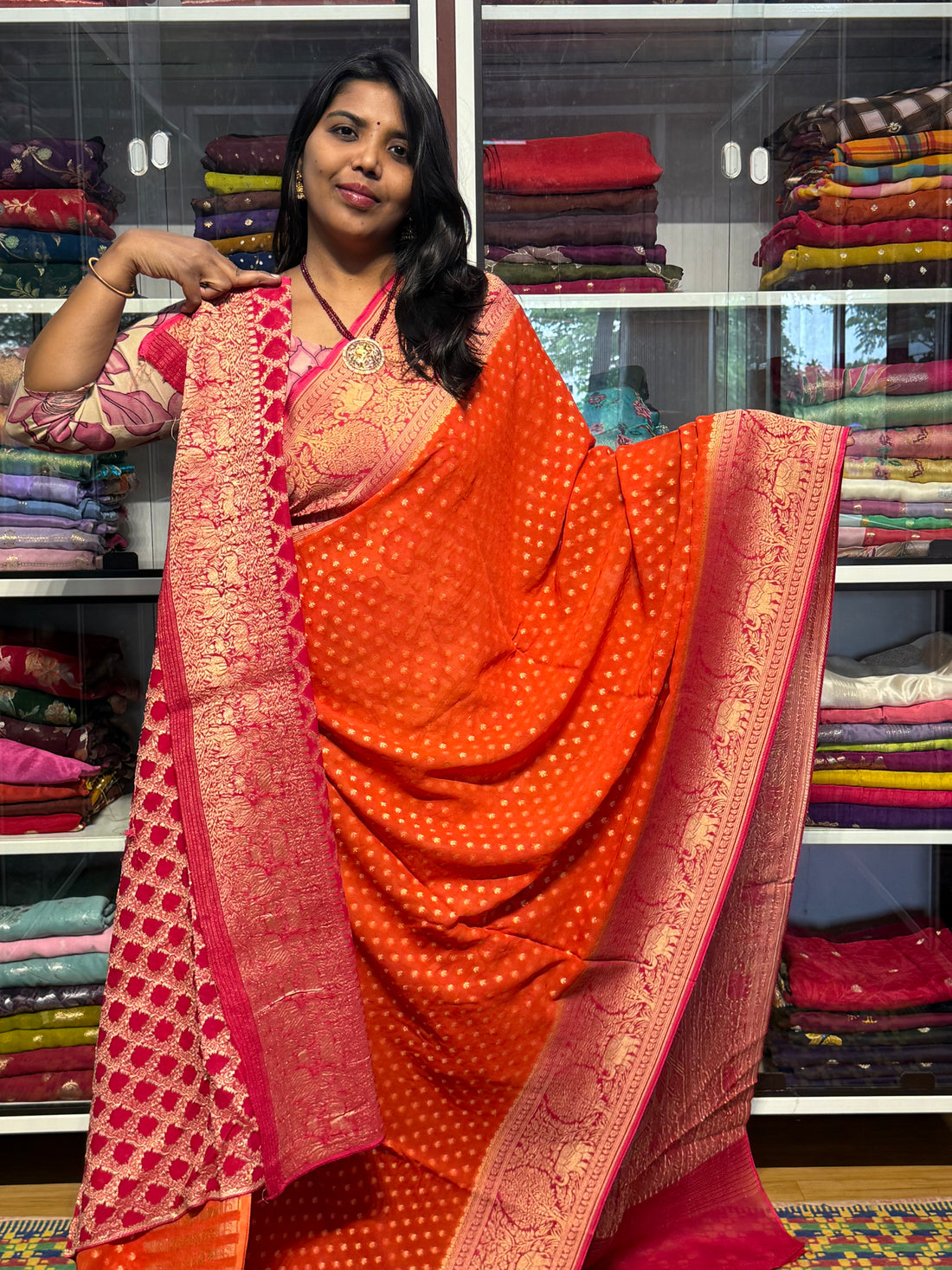 PURE BANARAS KHADDI GEORGETTE WITH VANAVIHAR BORDER: ORANGE AND PINK