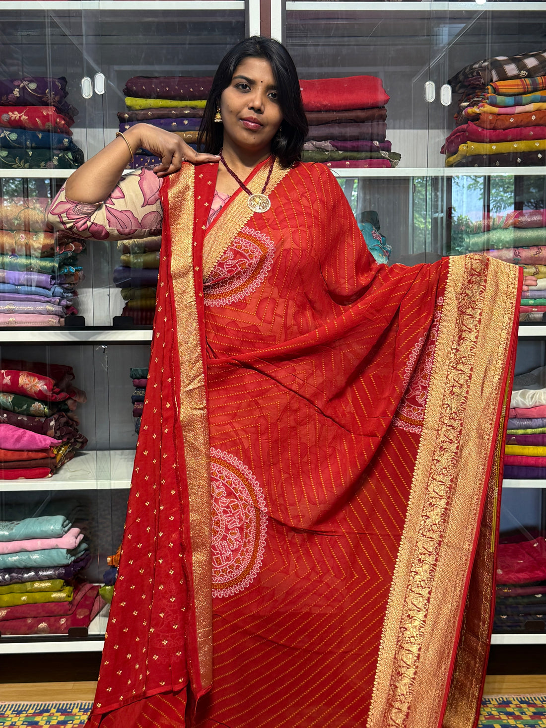 PURE BANARAS KHADDI GEORGETTE WITH BANDINI FUSION: RED