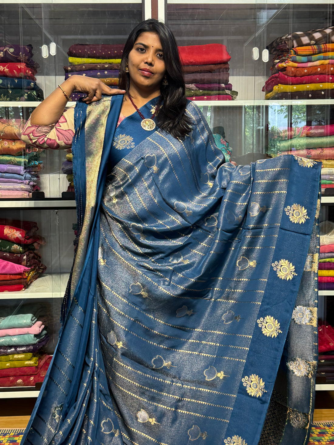 PURE BANARAS TISSUE GEORGETTE WITH SATIN BORDER: KRISHNA BLUE