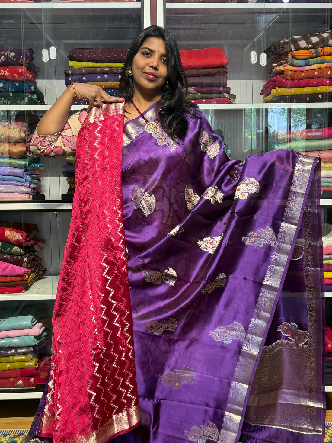 PURE BANARAS GREEN MANGO SILK : VOILET AND PINK