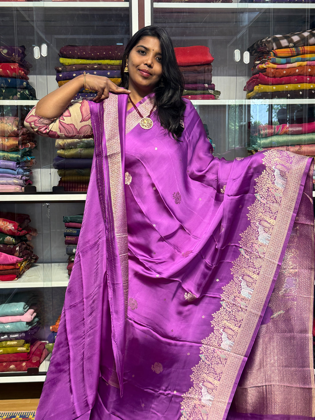 PURE BANARAS MASHRU SATIN WITH VANAVIHAR BORDER: LILAC