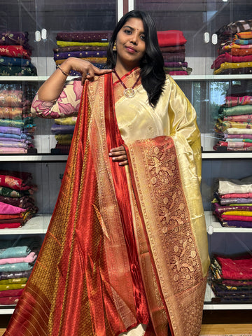 PURE BANARS TISSUE SILK SAREE WITH DESIGNER BORDER: GOLD WITH MAROON