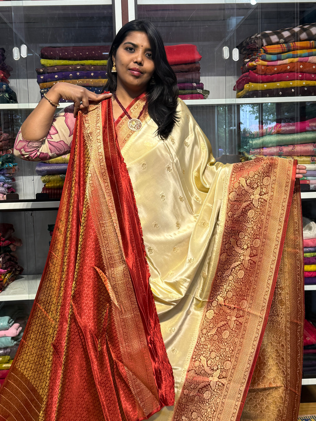 PURE BANARS TISSUE SILK SAREE WITH DESIGNER BORDER: GOLD WITH MAROON