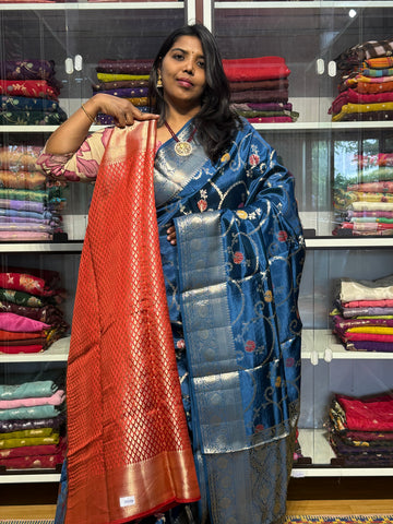 BANARAS GREEN MANGO SILK WITH JAAL PATTERN: KRISHNA BLUE