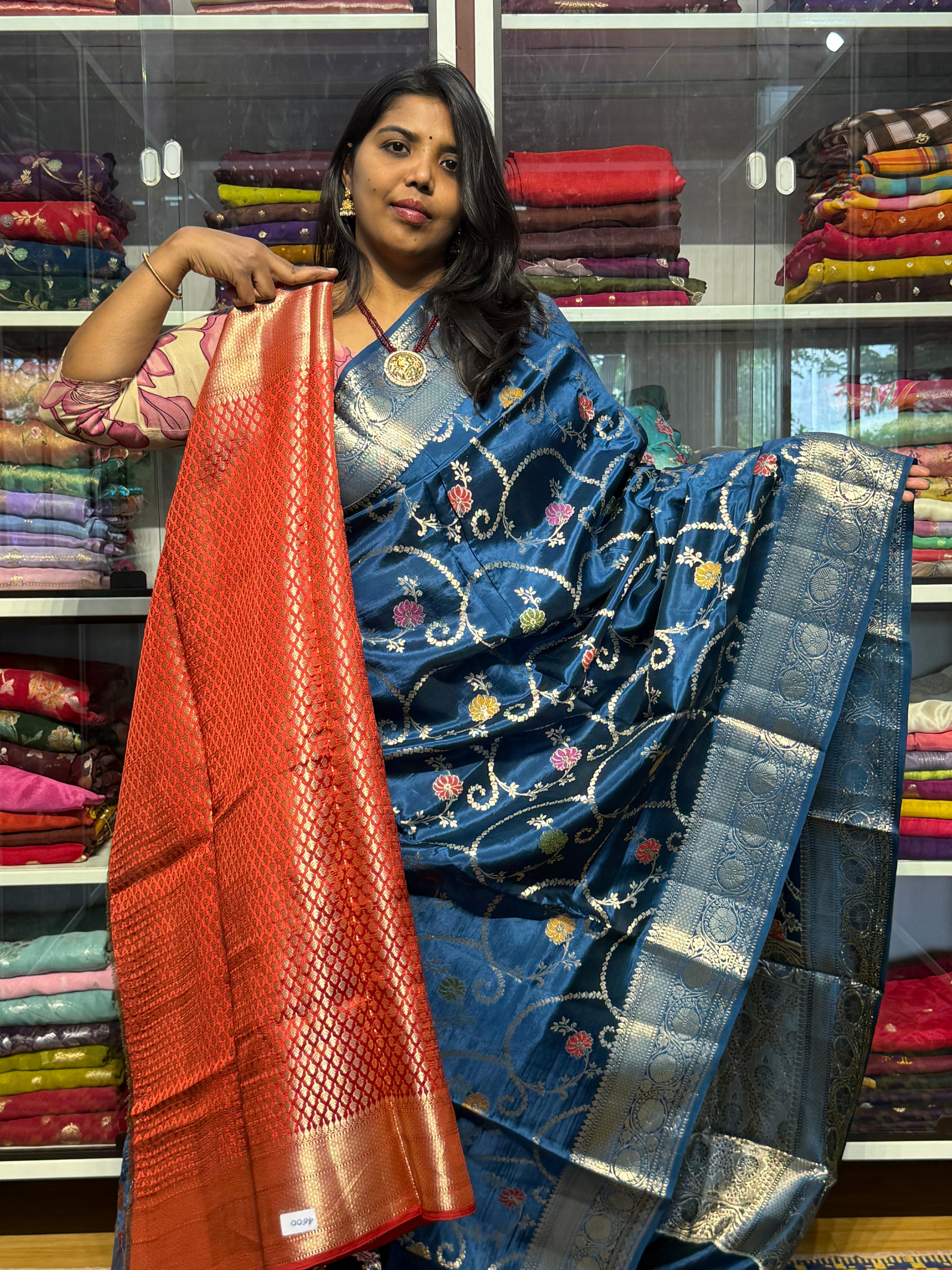 BANARAS GREEN MANGO SILK WITH JAAL PATTERN: KRISHNA BLUE