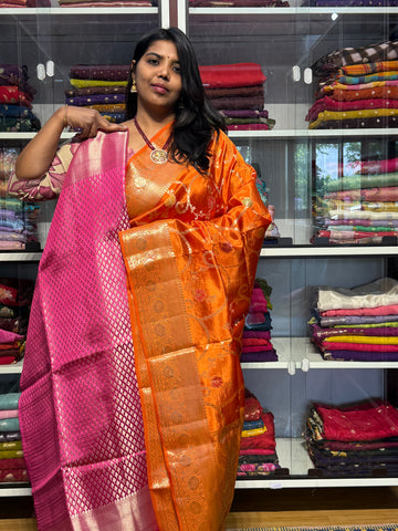 BANARAS GREEN MANGO SILK WITH JAAL PATTERN: ORANGE