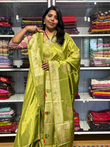 PURE BANARAS CHINON SILK SAREE WITH MEENAKARI BORDER: MEHENDI GREEN
