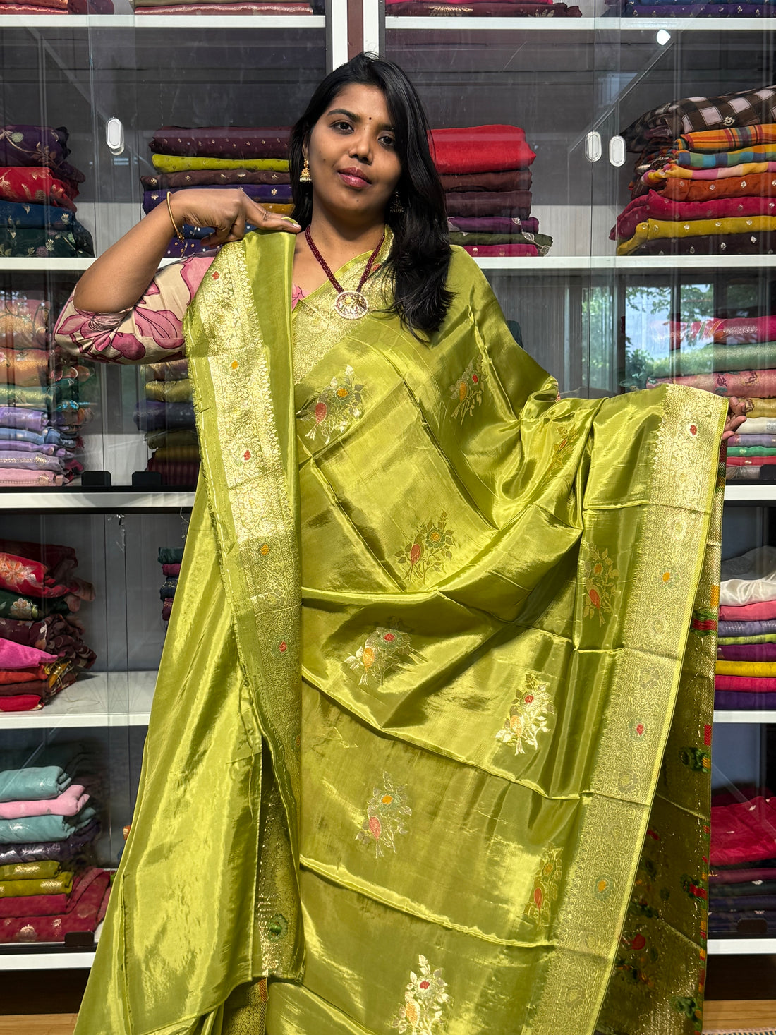 PURE BANARAS CHINON SILK SAREE WITH MEENAKARI BORDER: MEHENDI GREEN
