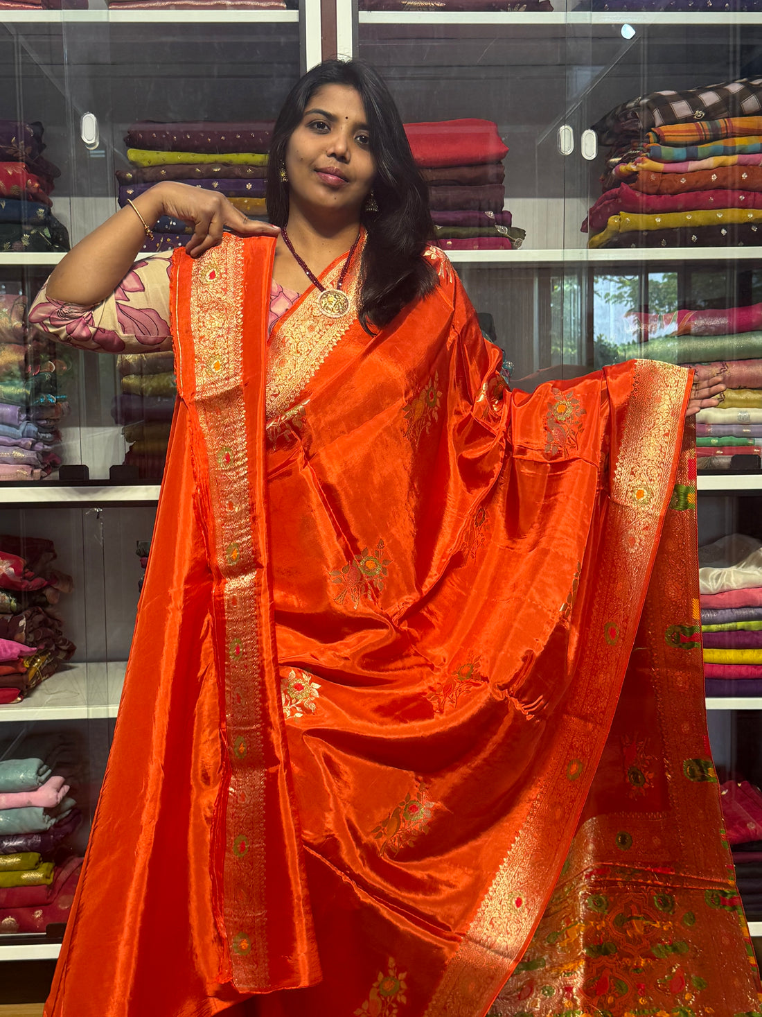 PURE BANARAS CHINON SILK SAREE WITH MEENAKARI BORDER: RUST ORANGE