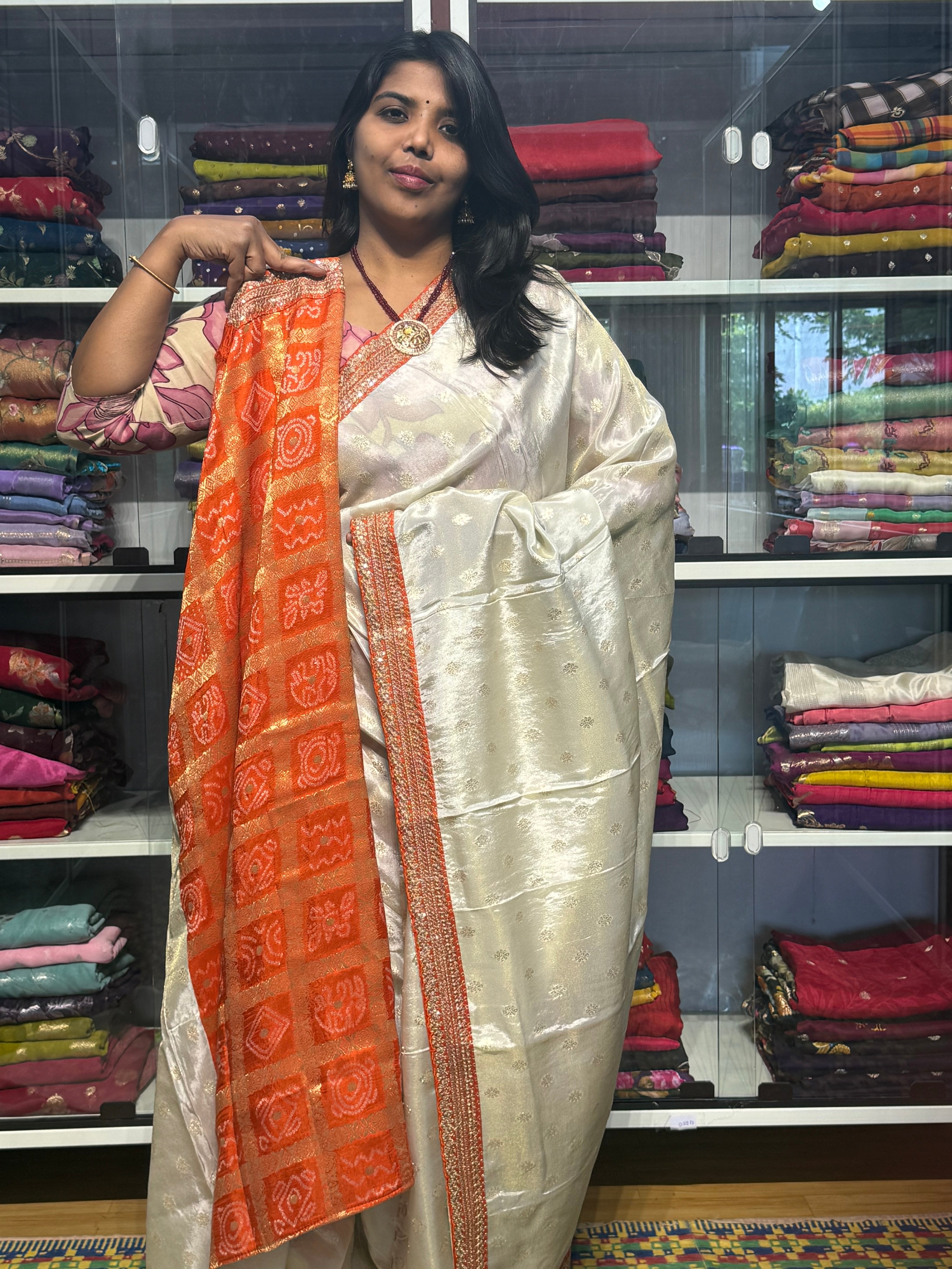 SABYASACHI INSPIRED TISSUE SILK SAREE: CREAM WITH ORANGE