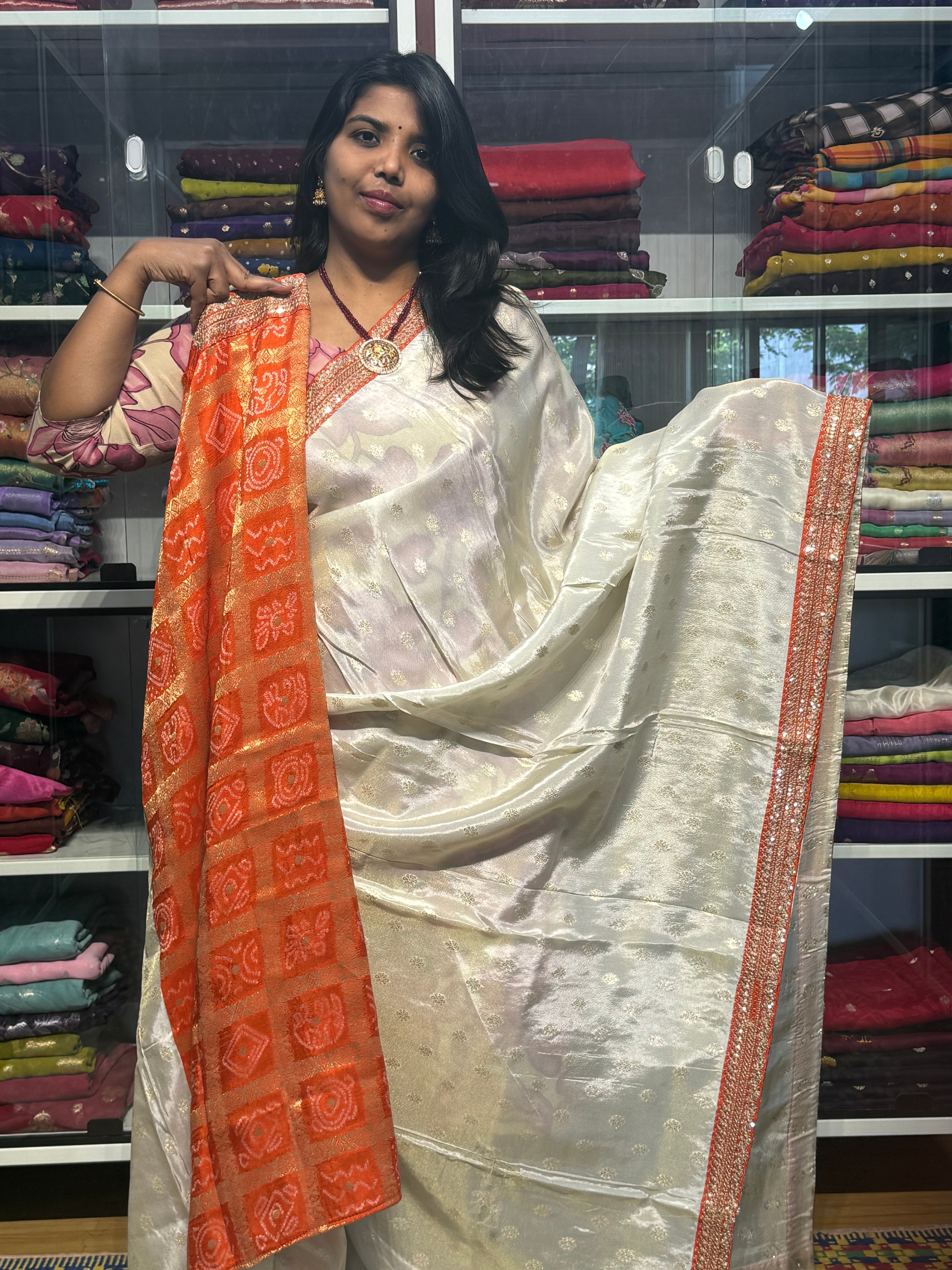 SABYASACHI INSPIRED TISSUE SILK SAREE: CREAM WITH ORANGE