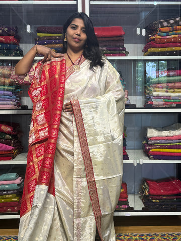 SABYASACHI INSPIRED TISSUE SILK SAREE: CREAM WITH RED