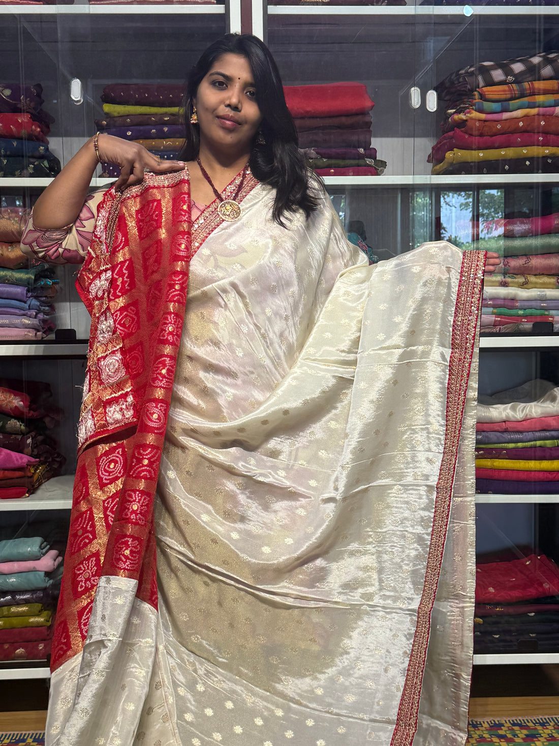 SABYASACHI INSPIRED TISSUE SILK SAREE: CREAM WITH RED