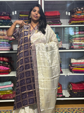 SABYASACHI INSPIRED TISSUE SILK SAREE: VOILET AND HALF WHITE