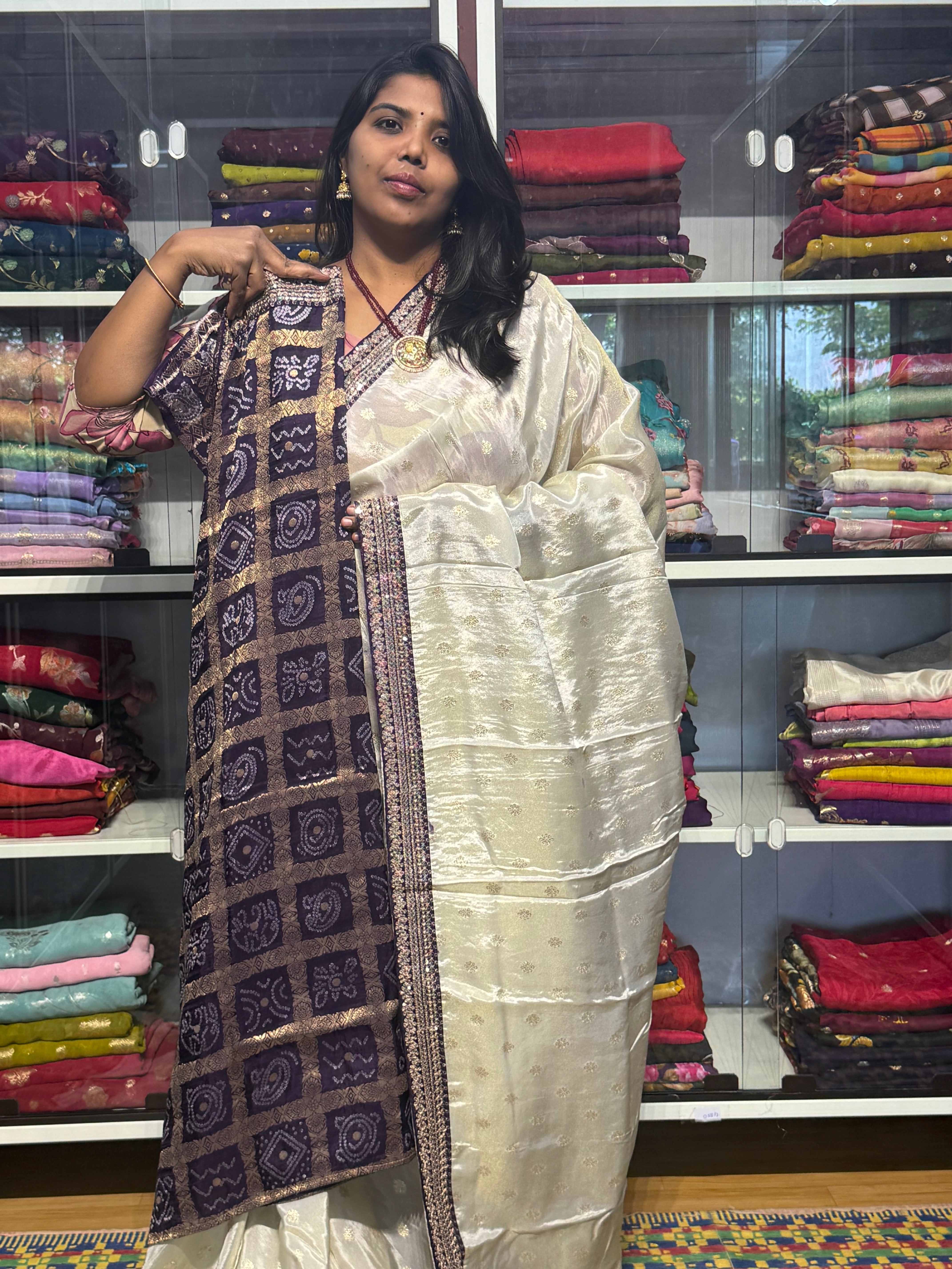 SABYASACHI INSPIRED TISSUE SILK SAREE: VOILET AND HALF WHITE