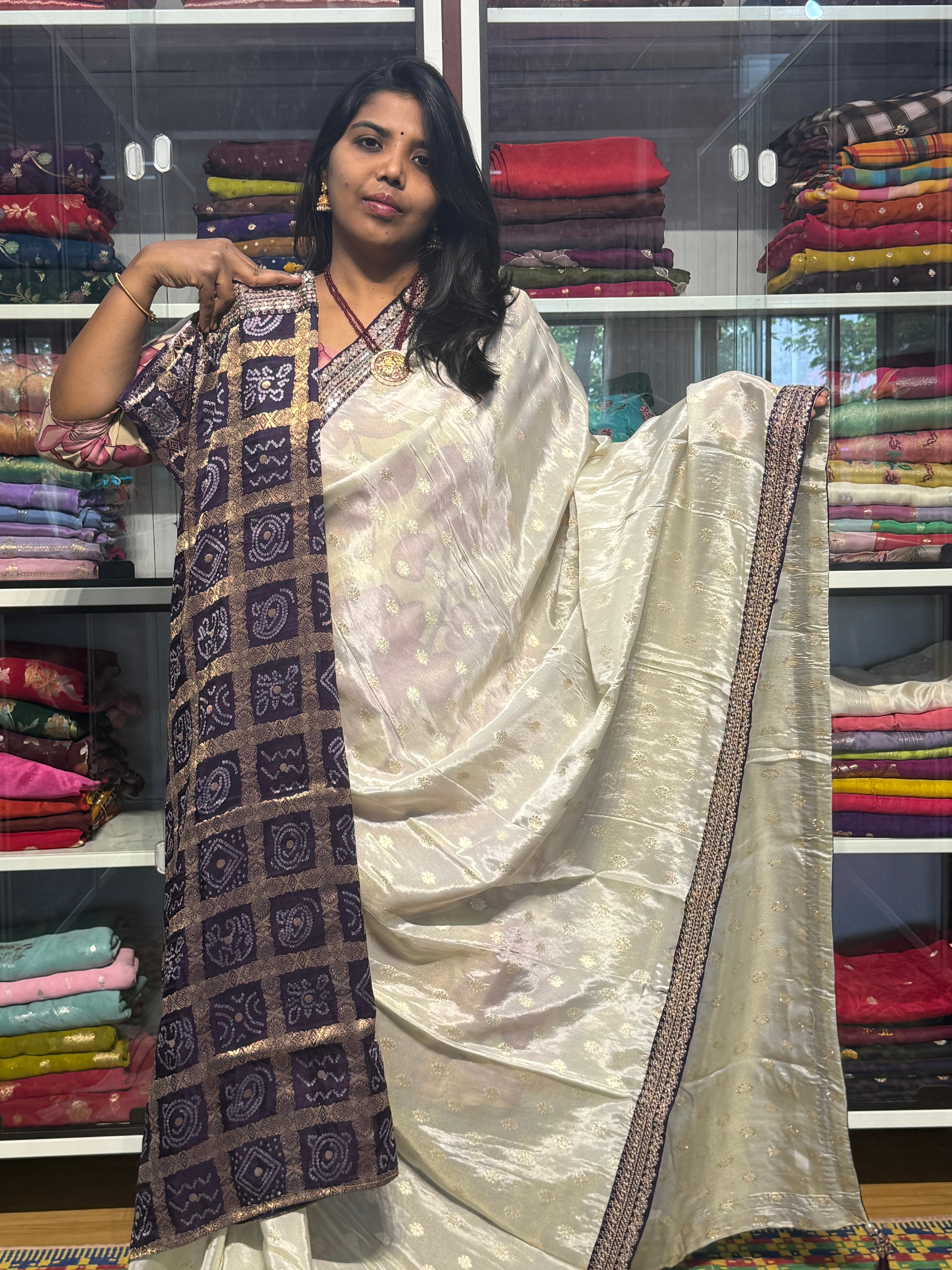 SABYASACHI INSPIRED TISSUE SILK SAREE: VOILET AND HALF WHITE