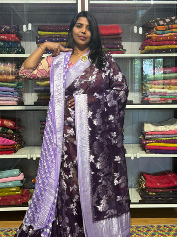 PURE BANARAS KHADDI GEORGETTE WITH JAAL PATTERN : VOILET