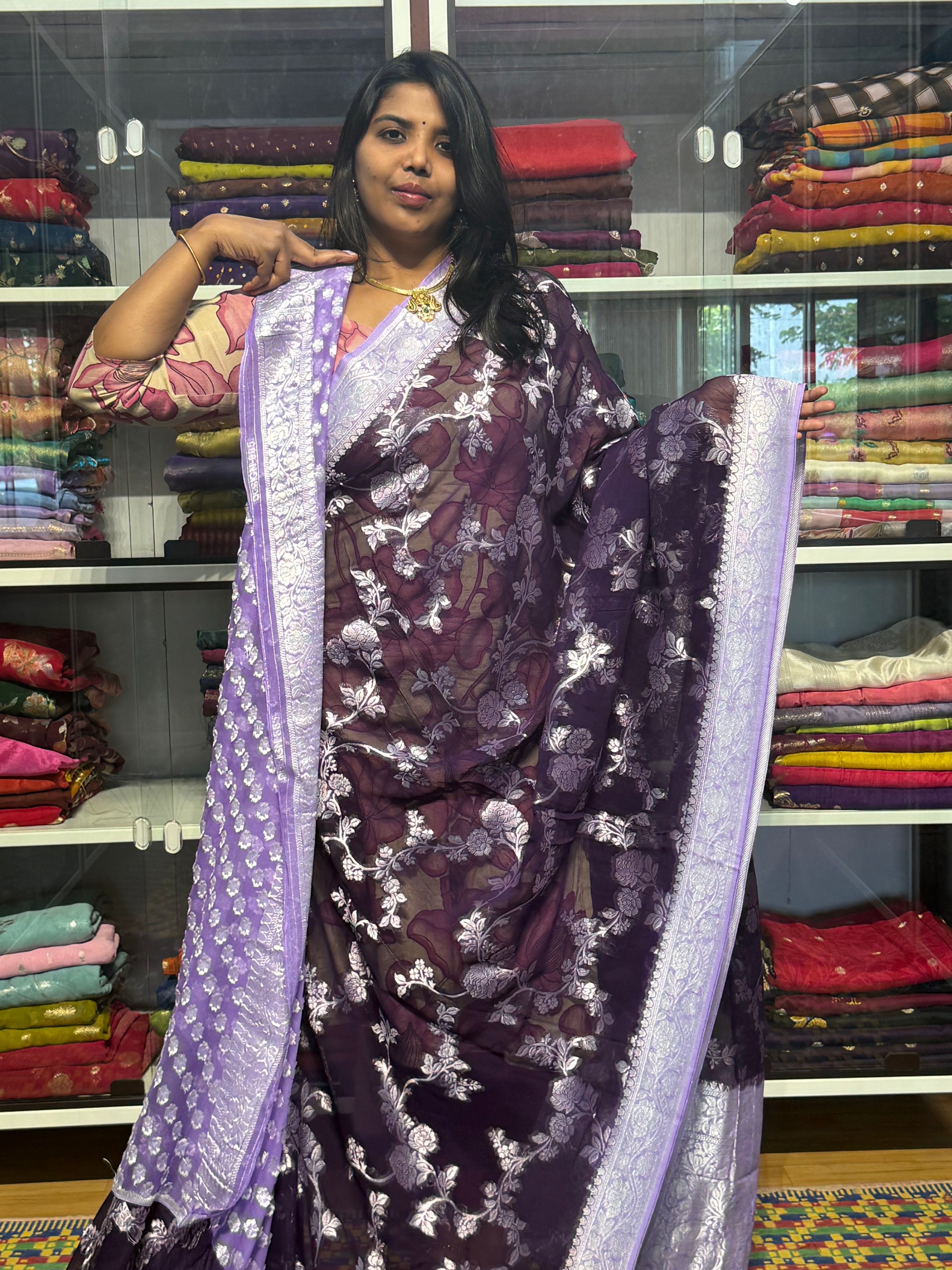 PURE BANARAS KHADDI GEORGETTE WITH JAAL PATTERN : VOILET