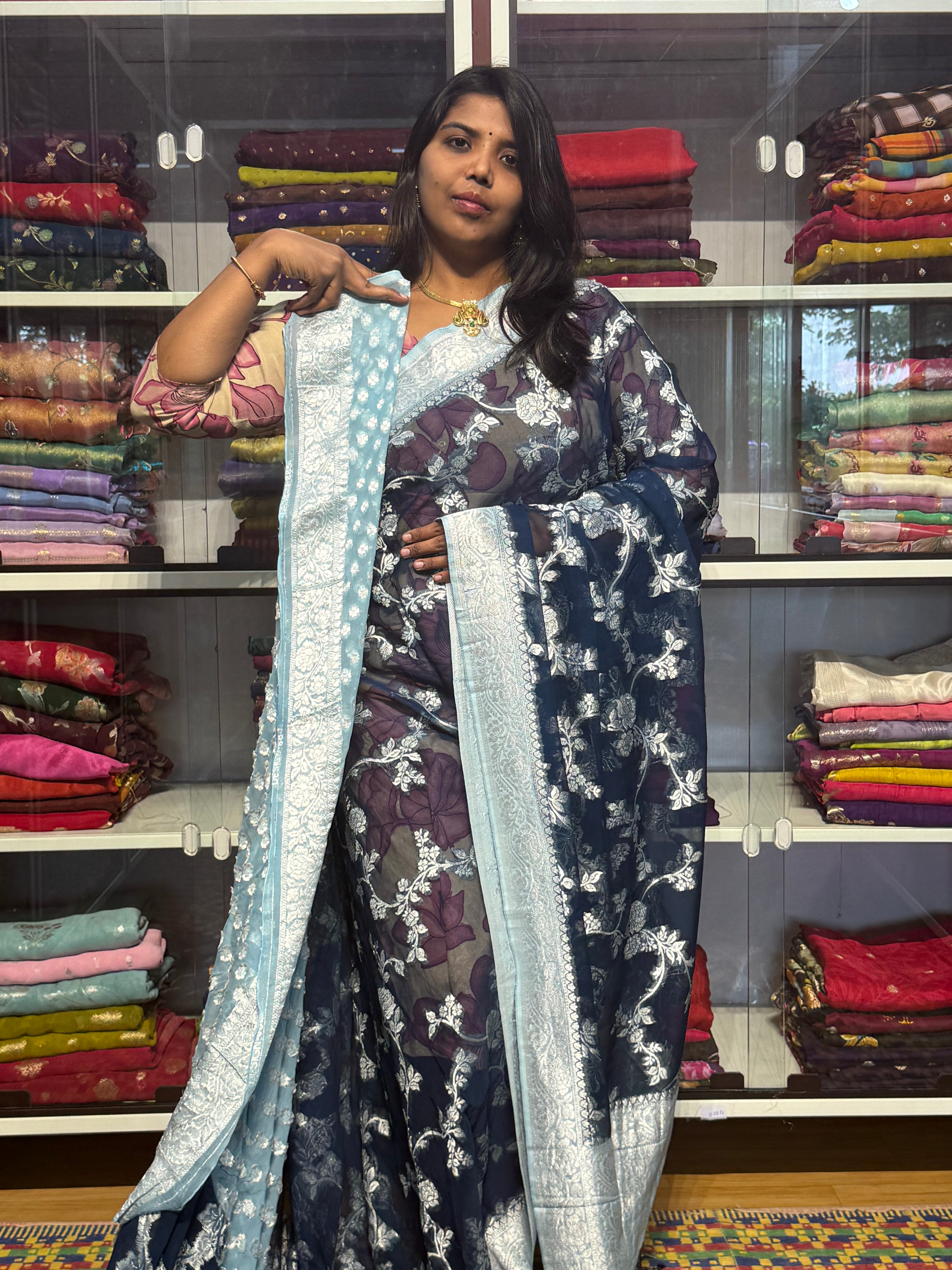 PURE BANARAS KHADDI GEORGETTE WITH JAAL PATTERN : KRISHNA BLUE