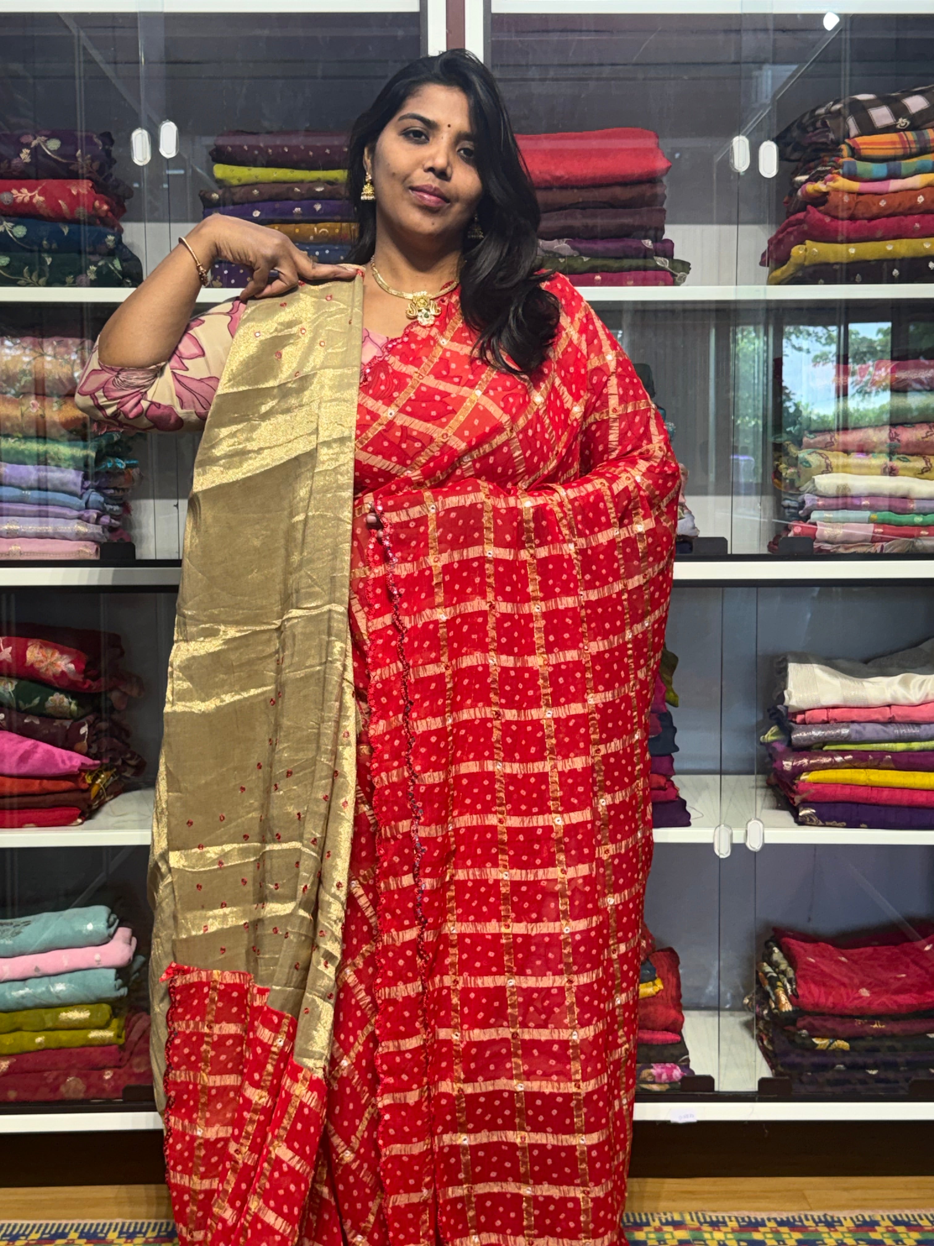 MIRROR WORK SAREE WITH CHECK PATTERN: RED