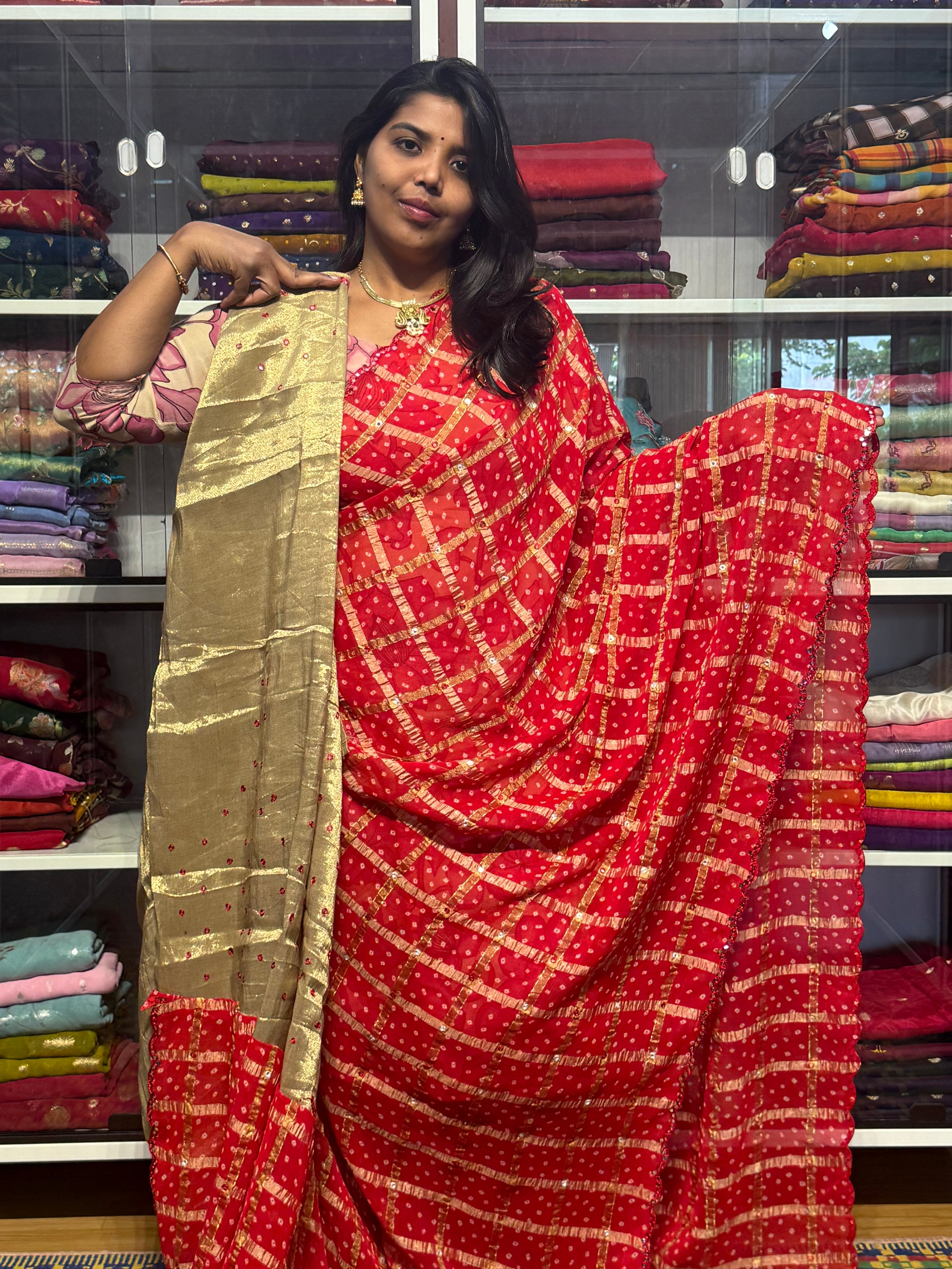 MIRROR WORK SAREE WITH CHECK PATTERN: RED