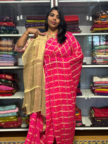 MIRROR WORK SAREE WITH CHECK PATTERN: PINK