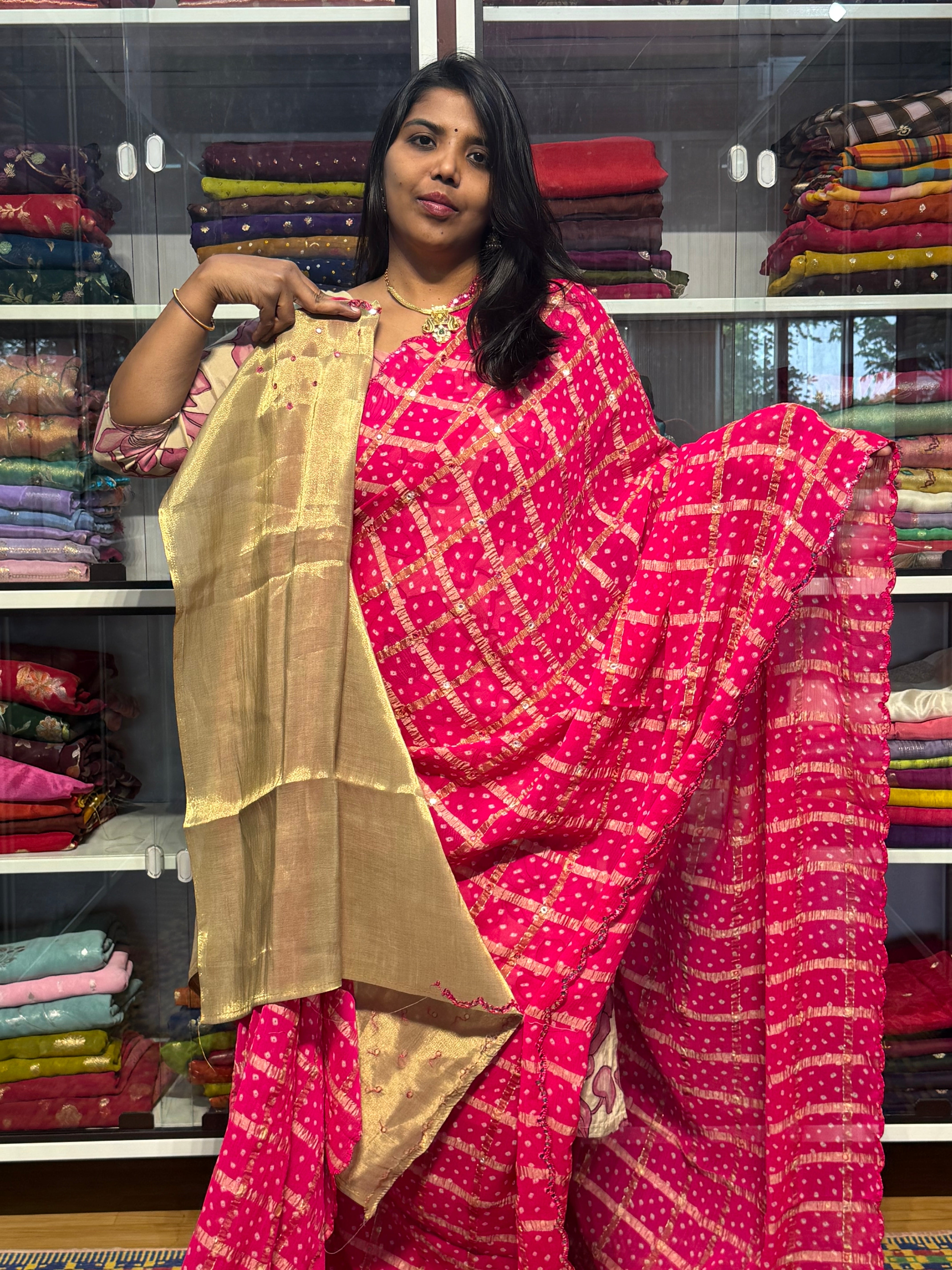 MIRROR WORK SAREE WITH CHECK PATTERN: PINK