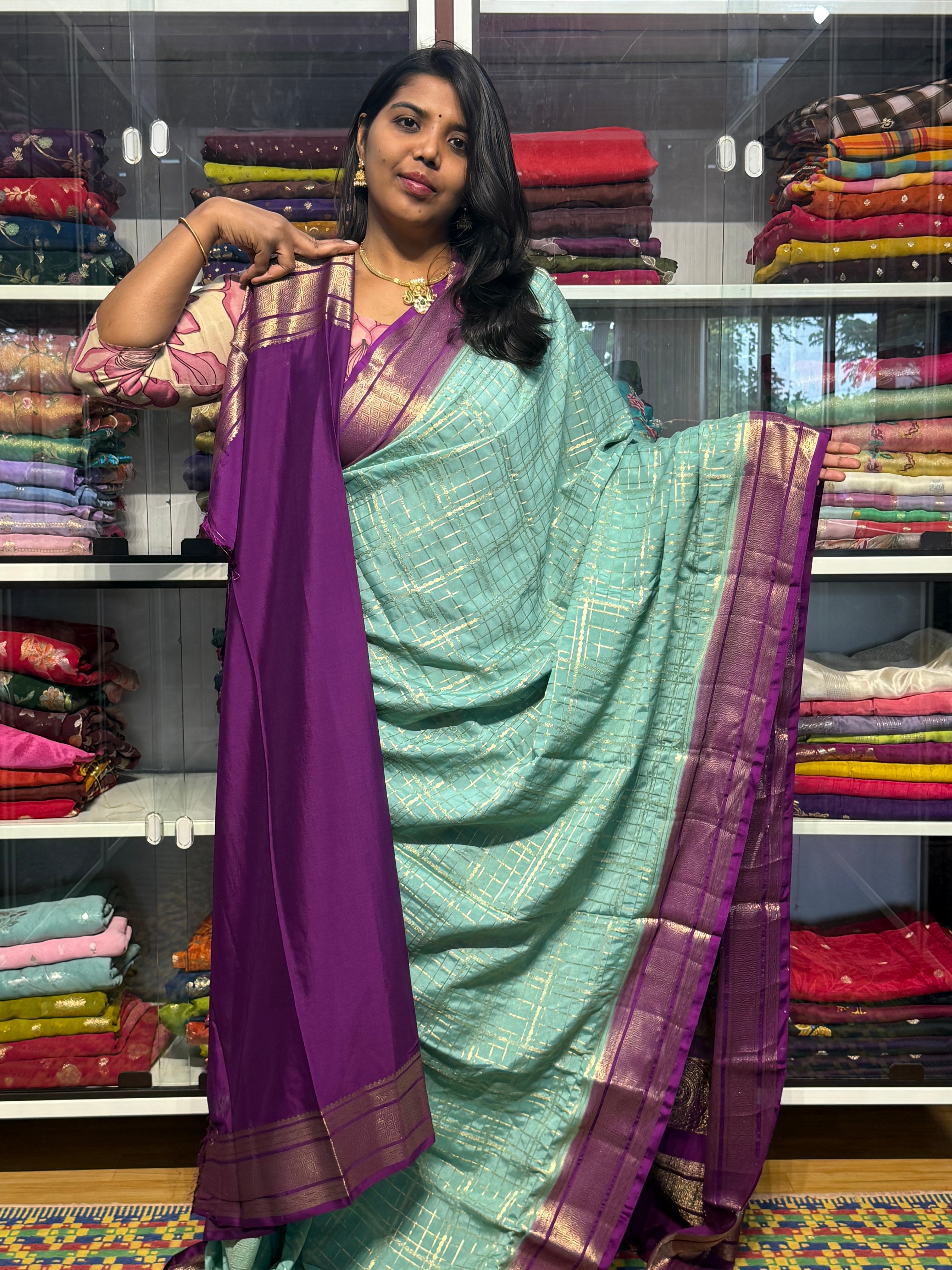 MYSORE CREPE SILK WITH VINTAGE CHECKS : SEA BLUE