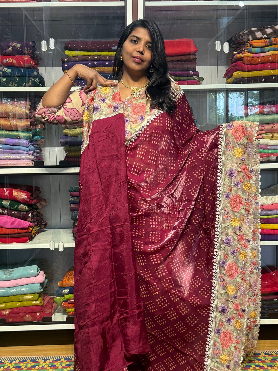 GLASS TISSUE ORGANZA WITH EMBROIDERY BORDER: MAGENTA