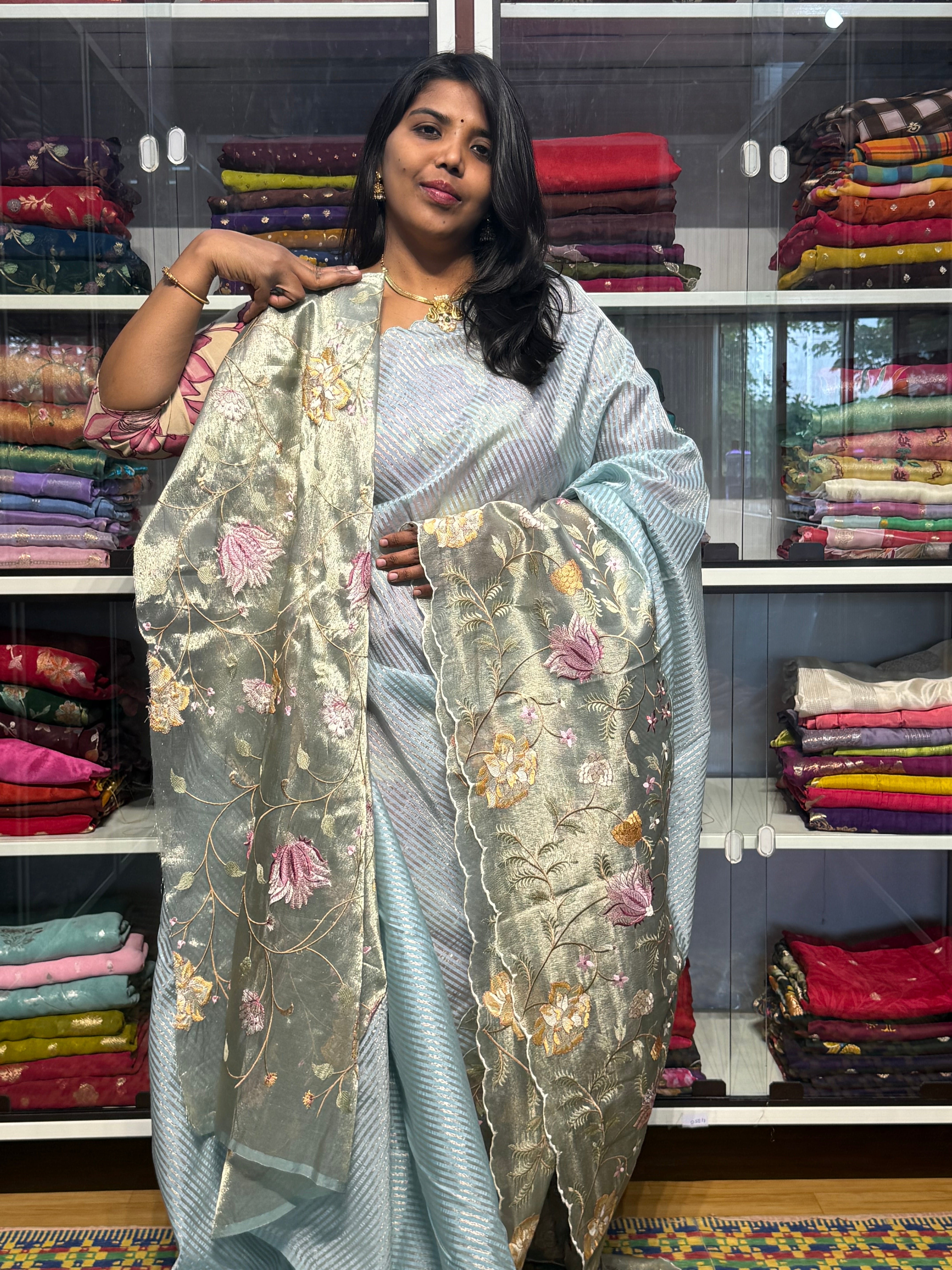 STRIPES SAREE WITH EMBROIDERY BORDER: ICE BLUE