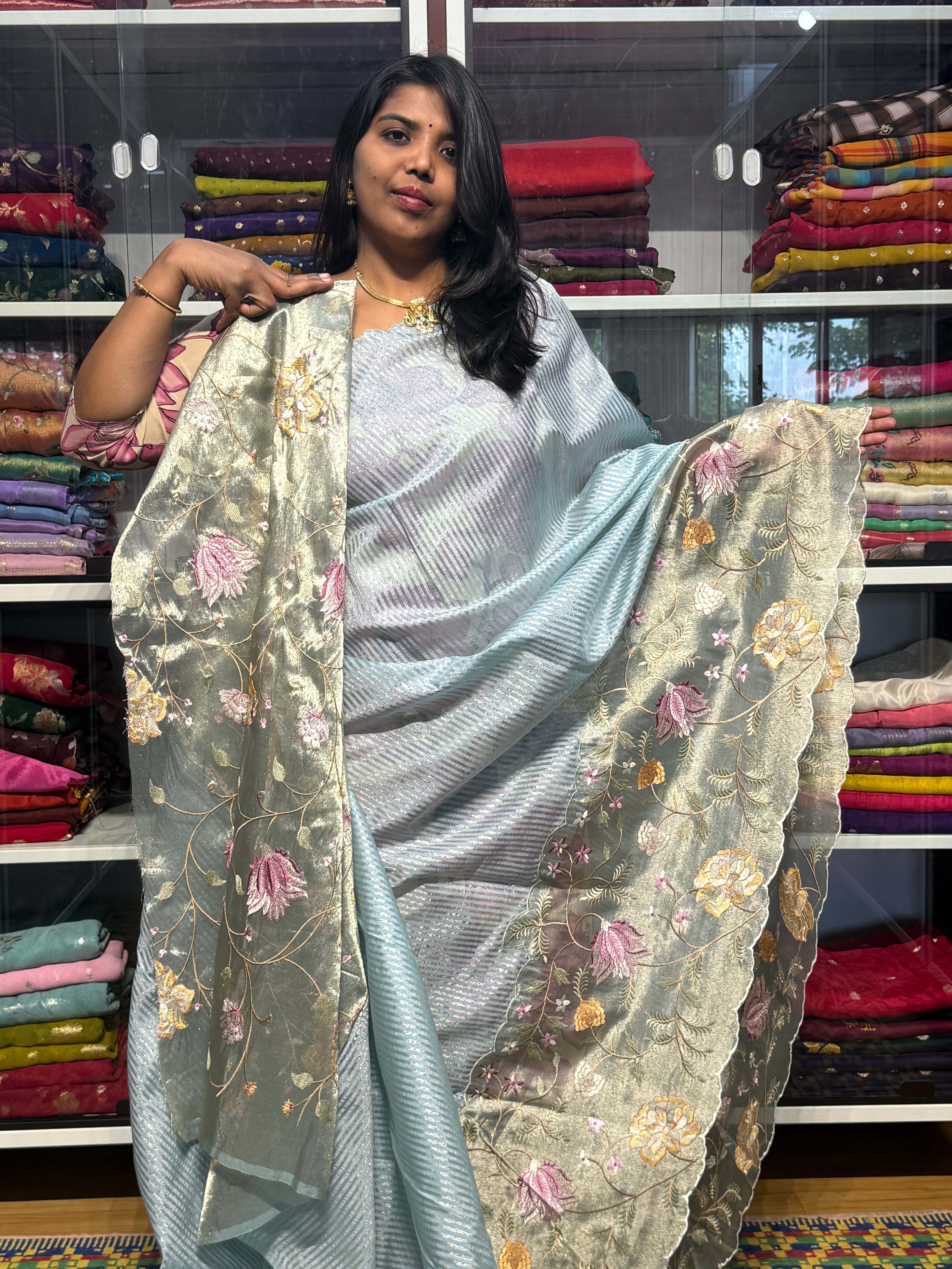 STRIPES SAREE WITH EMBROIDERY BORDER: ICE BLUE