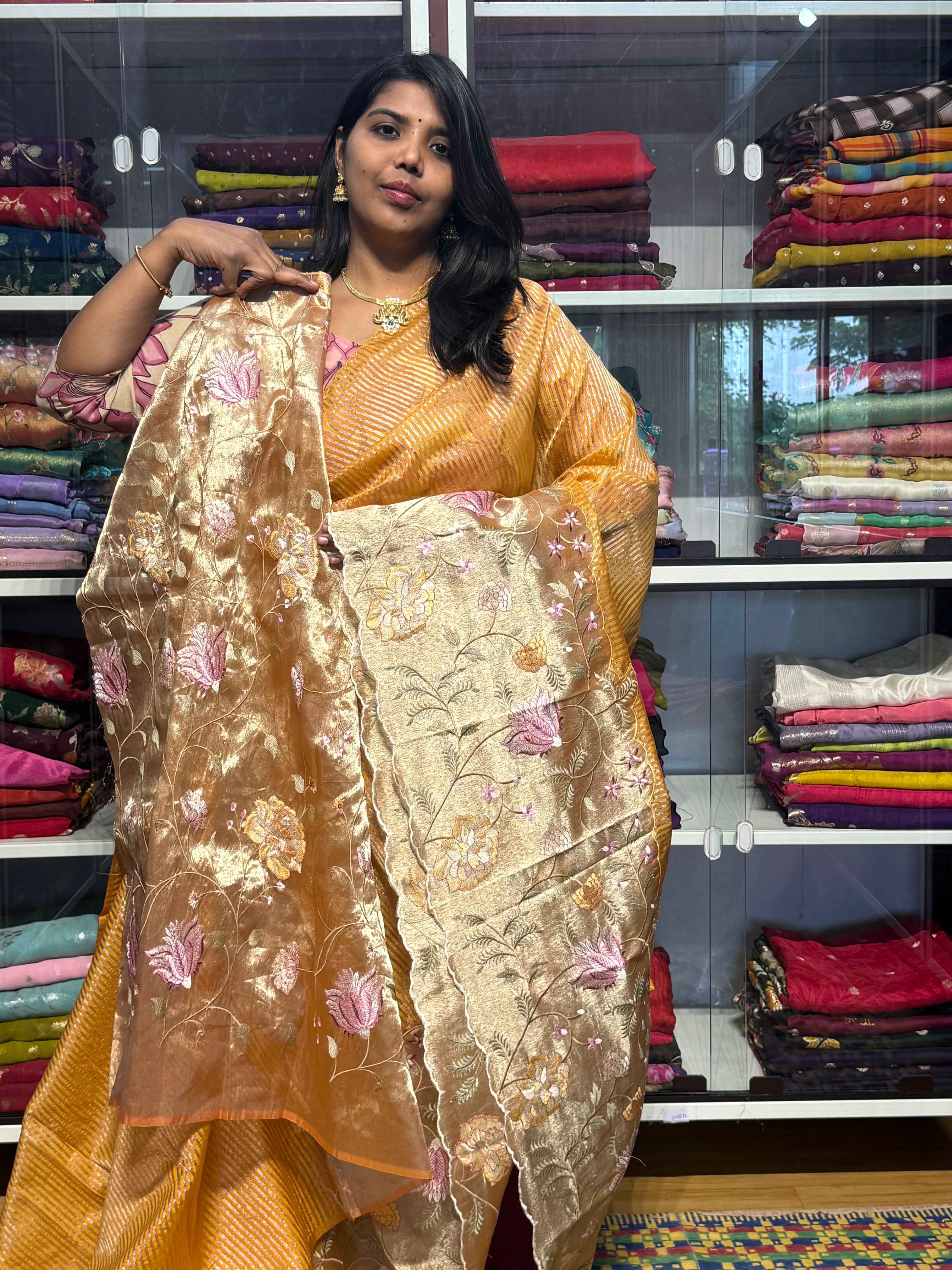 STRIPES SAREE WITH EMBROIDERY BORDER: MUSTARD YELLOW