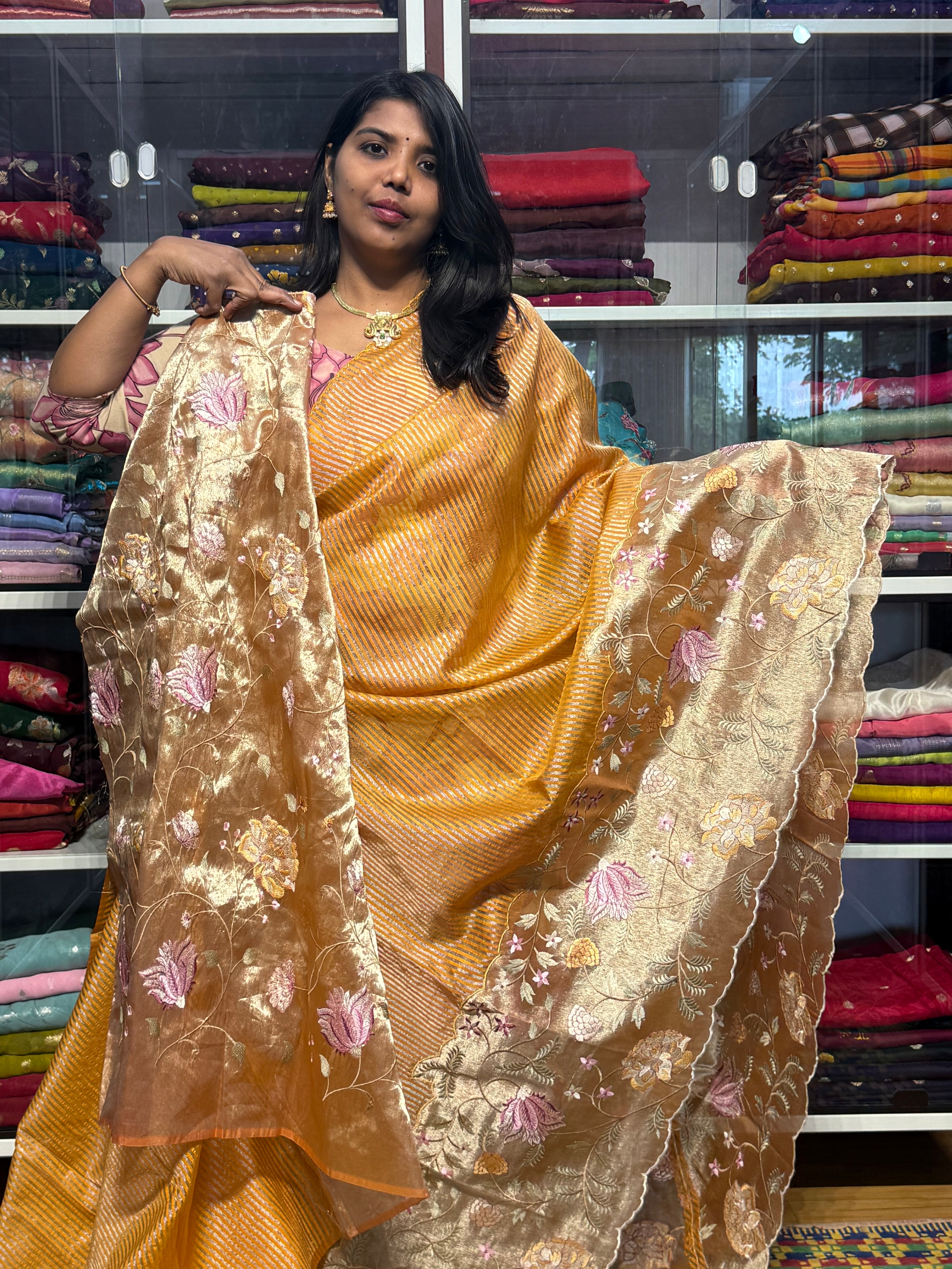 STRIPES SAREE WITH EMBROIDERY BORDER: MUSTARD YELLOW