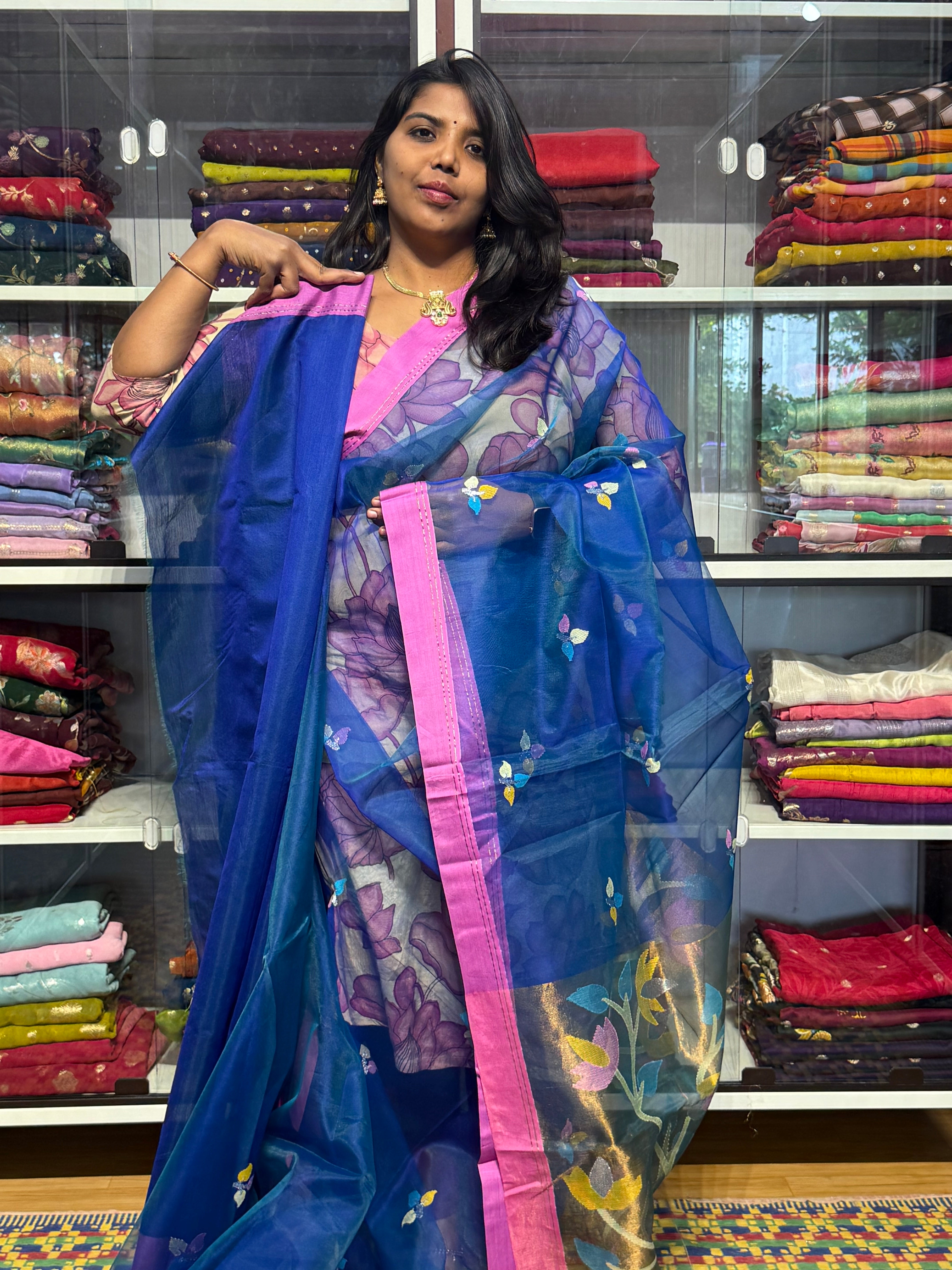 PURE HANDLOOM MUSLIN JAMDANI SAREE WITH PAITHANI PALLU: PEACOCK BLUE