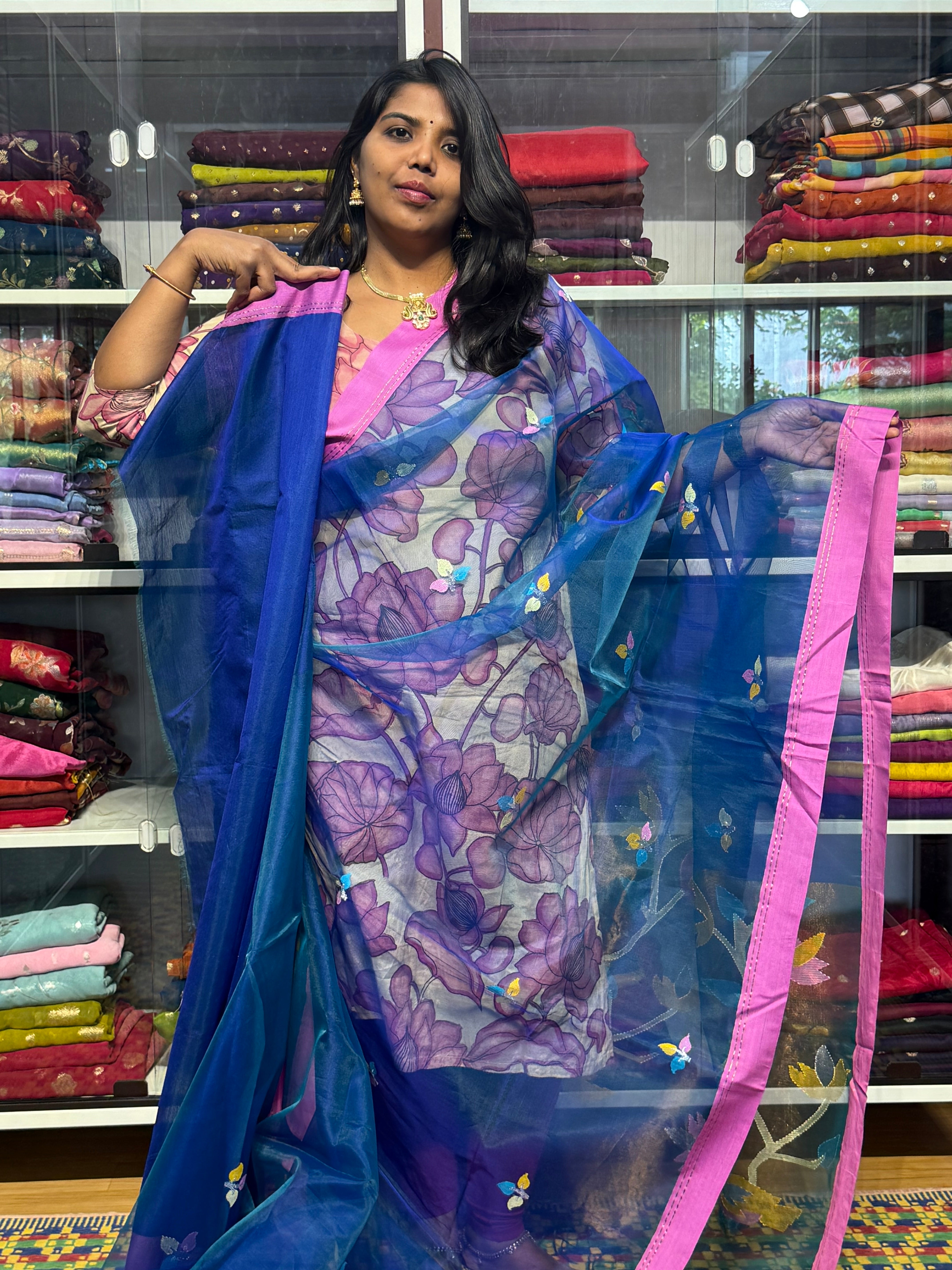 PURE HANDLOOM MUSLIN JAMDANI SAREE WITH PAITHANI PALLU: PEACOCK BLUE