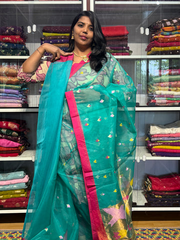 PURE HANDLOOM MUSLIN JAMDANI SAREE WITH PAITHANI PALLU: RAMA GREEN