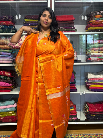 PURE JAMDANI LENIN TISSUE SAREE: ORANGE