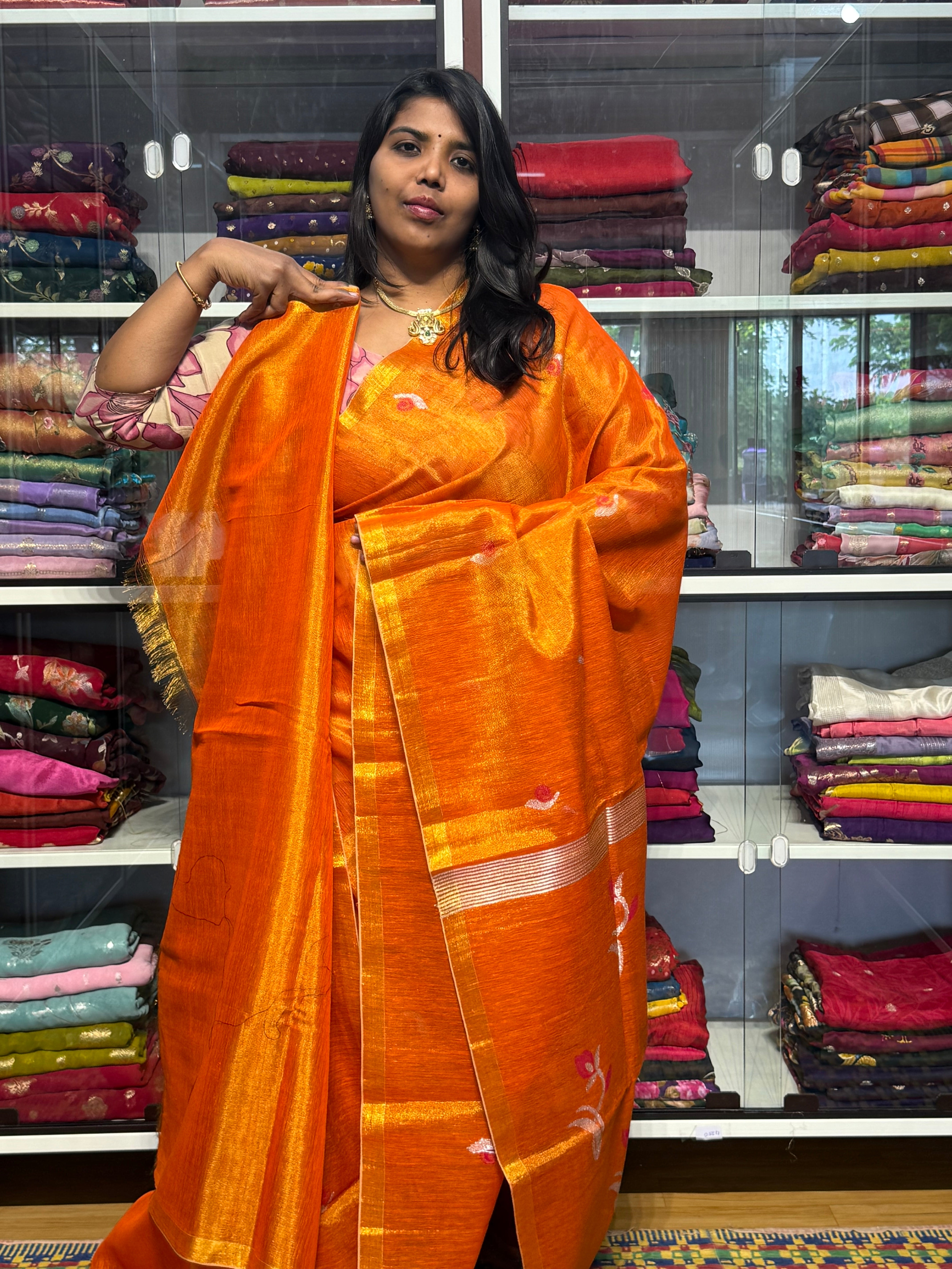 PURE JAMDANI LENIN TISSUE SAREE: ORANGE