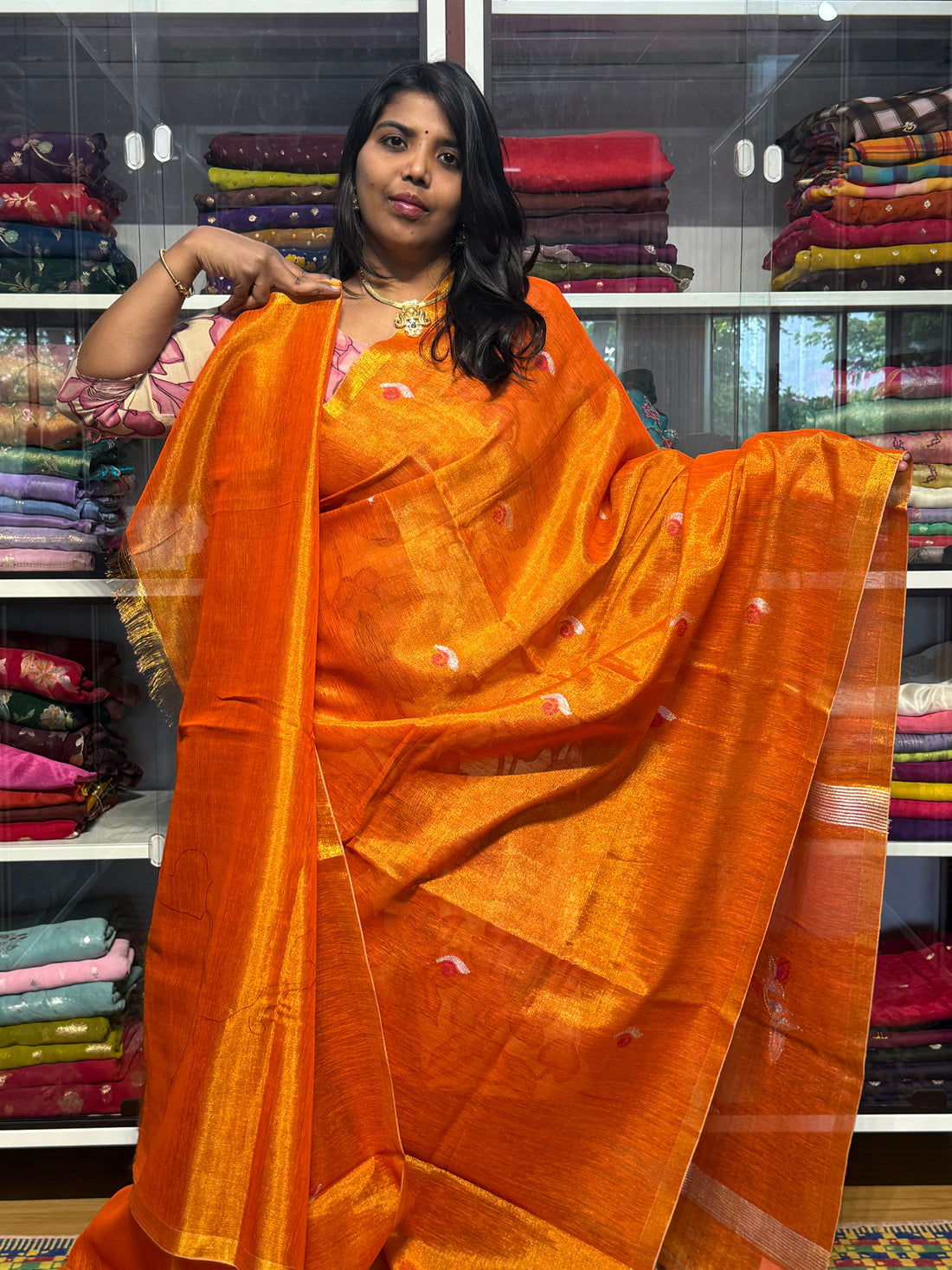 PURE JAMDANI LENIN TISSUE SAREE: ORANGE