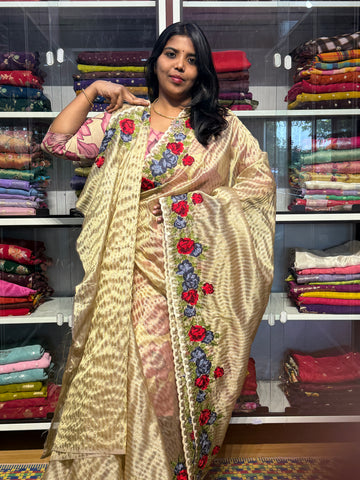 TISSUE STRIPES SAREE WITH ROSE EMBROIDERY: GOLD
