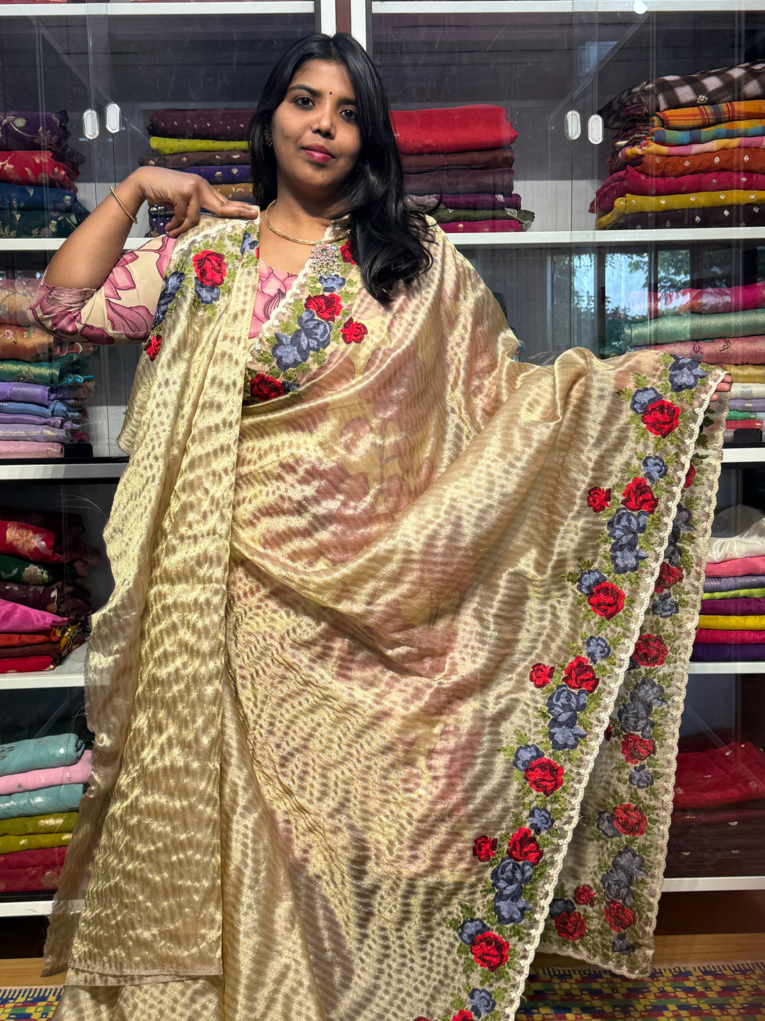 TISSUE STRIPES SAREE WITH ROSE EMBROIDERY: GOLD