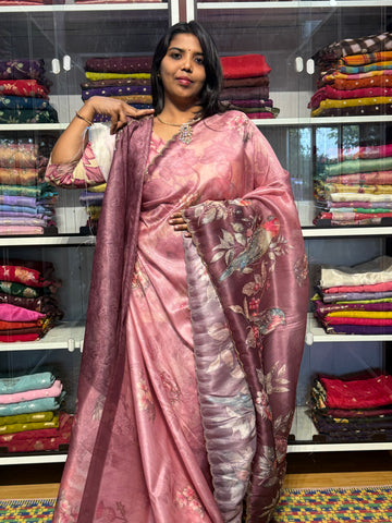 1 GM TISSUE SAREE WITH DIGITAL PRINT AND HAND WORK: ONION PINK