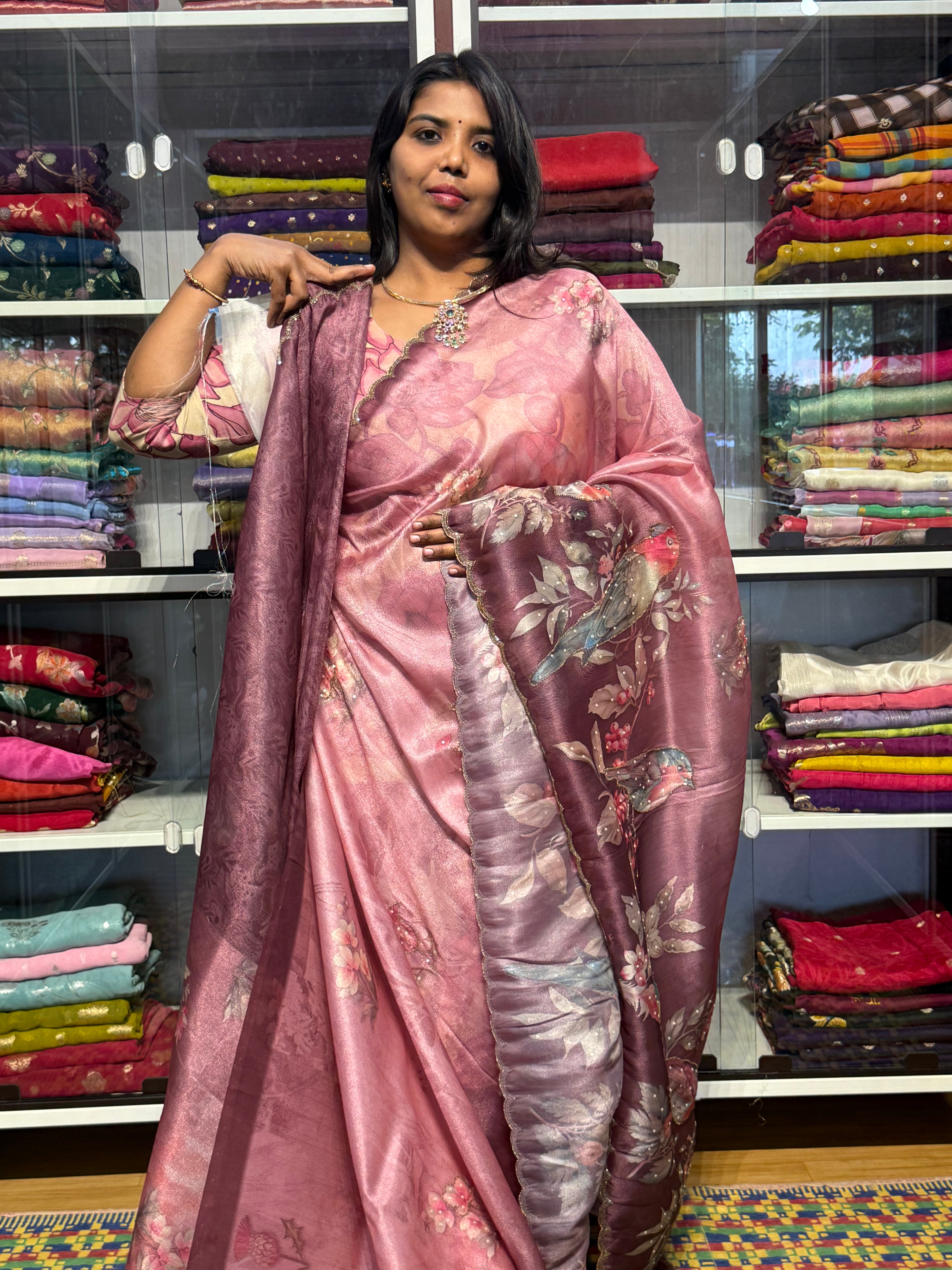1 GM TISSUE SAREE WITH DIGITAL PRINT AND HAND WORK: ONION PINK