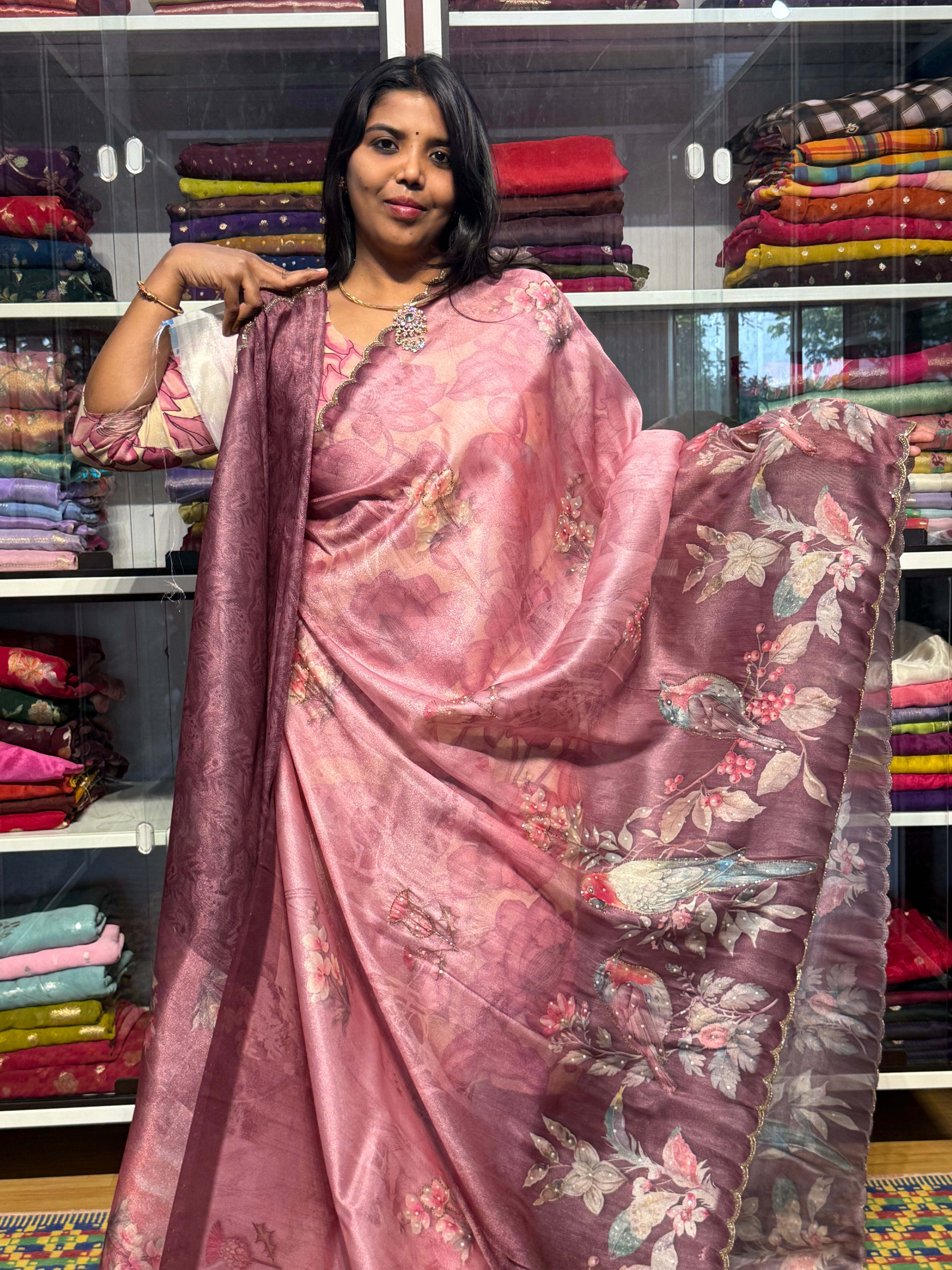 1 GM TISSUE SAREE WITH DIGITAL PRINT AND HAND WORK: ONION PINK