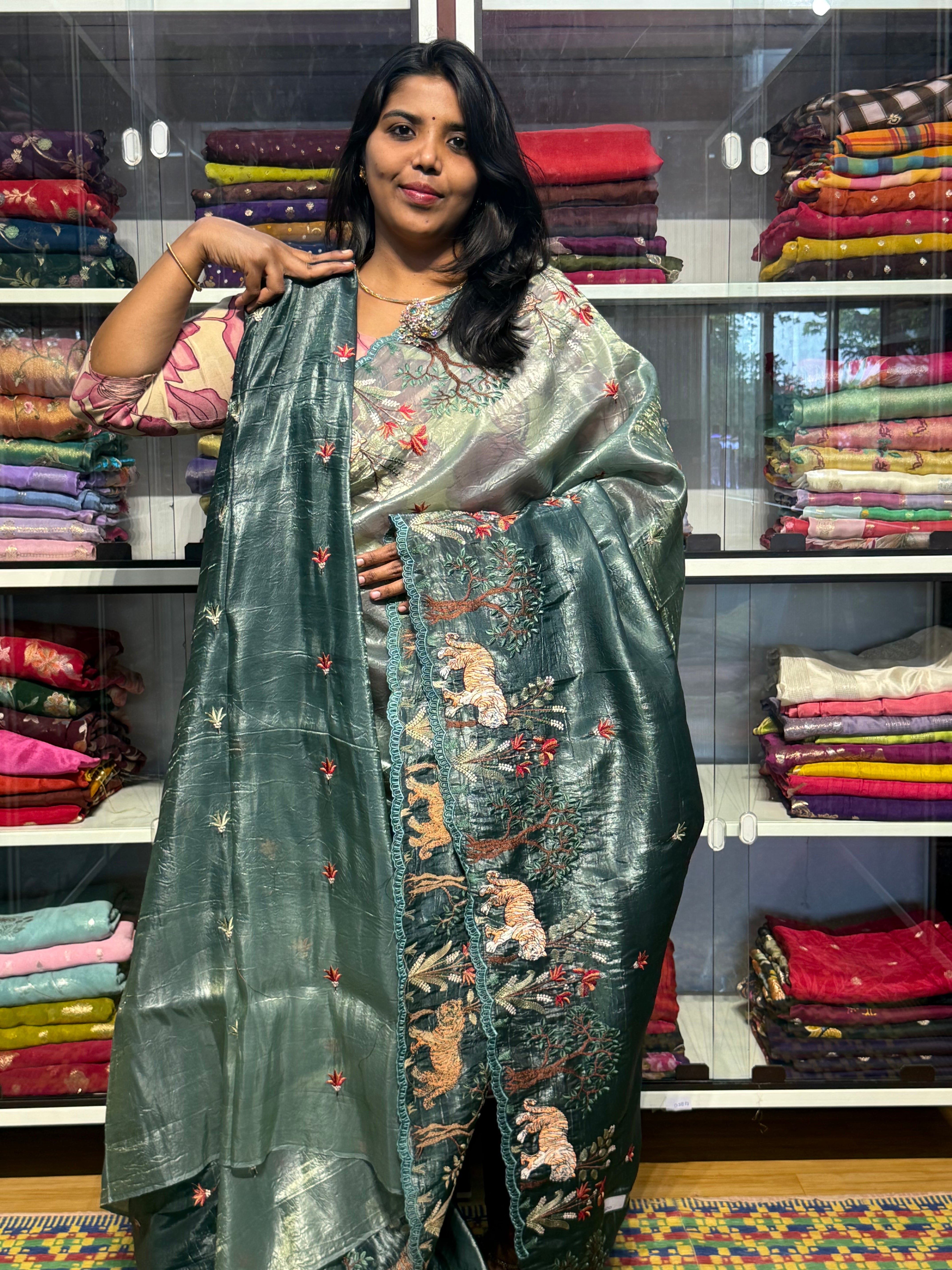 GUCCHI CRUSH SAREE WITH EMBROIDERY AND SHADED CONCEPT: GREEN