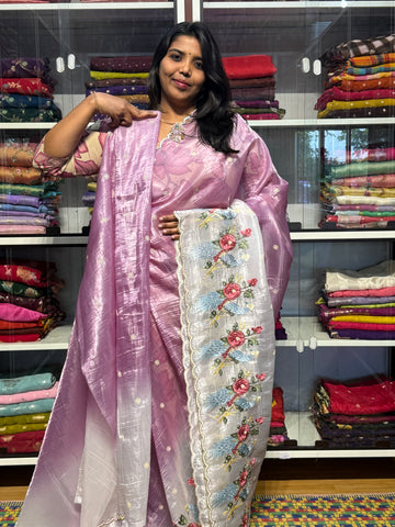 GUCCHI CRUSH SAREE WITH EMBROIDERY AND SHADED CONCEPT: LILAC