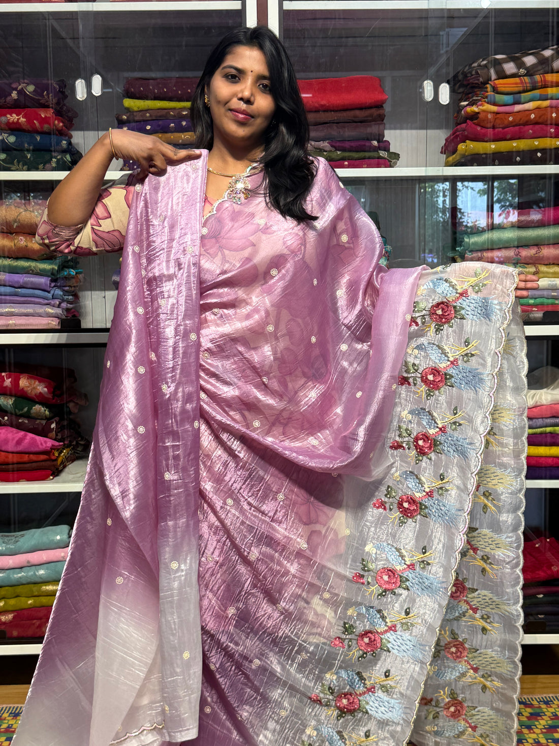 GUCCHI CRUSH SAREE WITH EMBROIDERY AND SHADED CONCEPT: LILAC