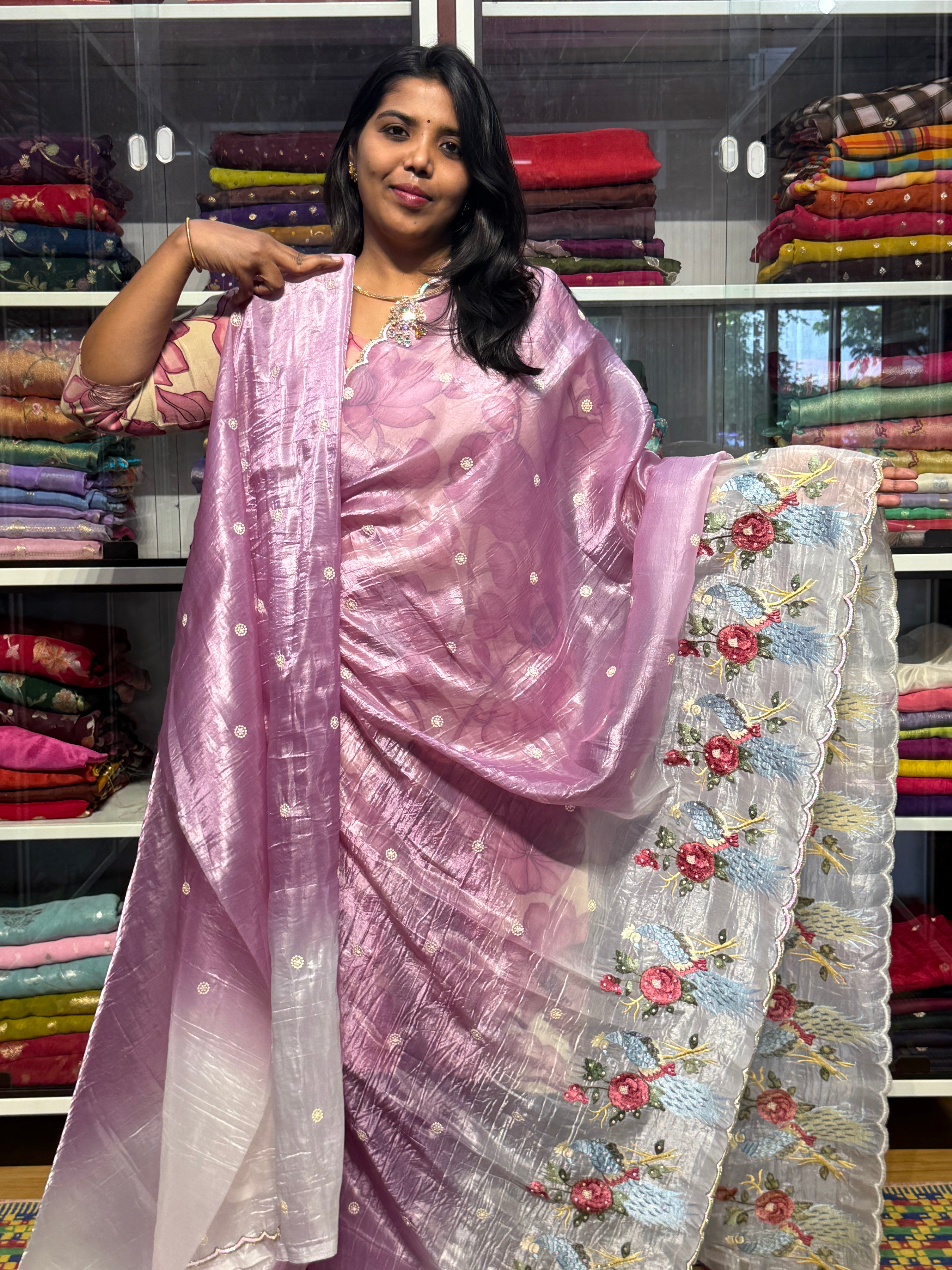 GUCCHI CRUSH SAREE WITH EMBROIDERY AND SHADED CONCEPT: LILAC