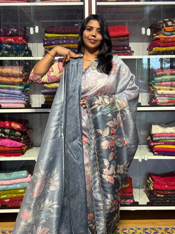 1 GM TISSUE SAREE WITH DIGITAL PRINT AND HAND WORK: GREY