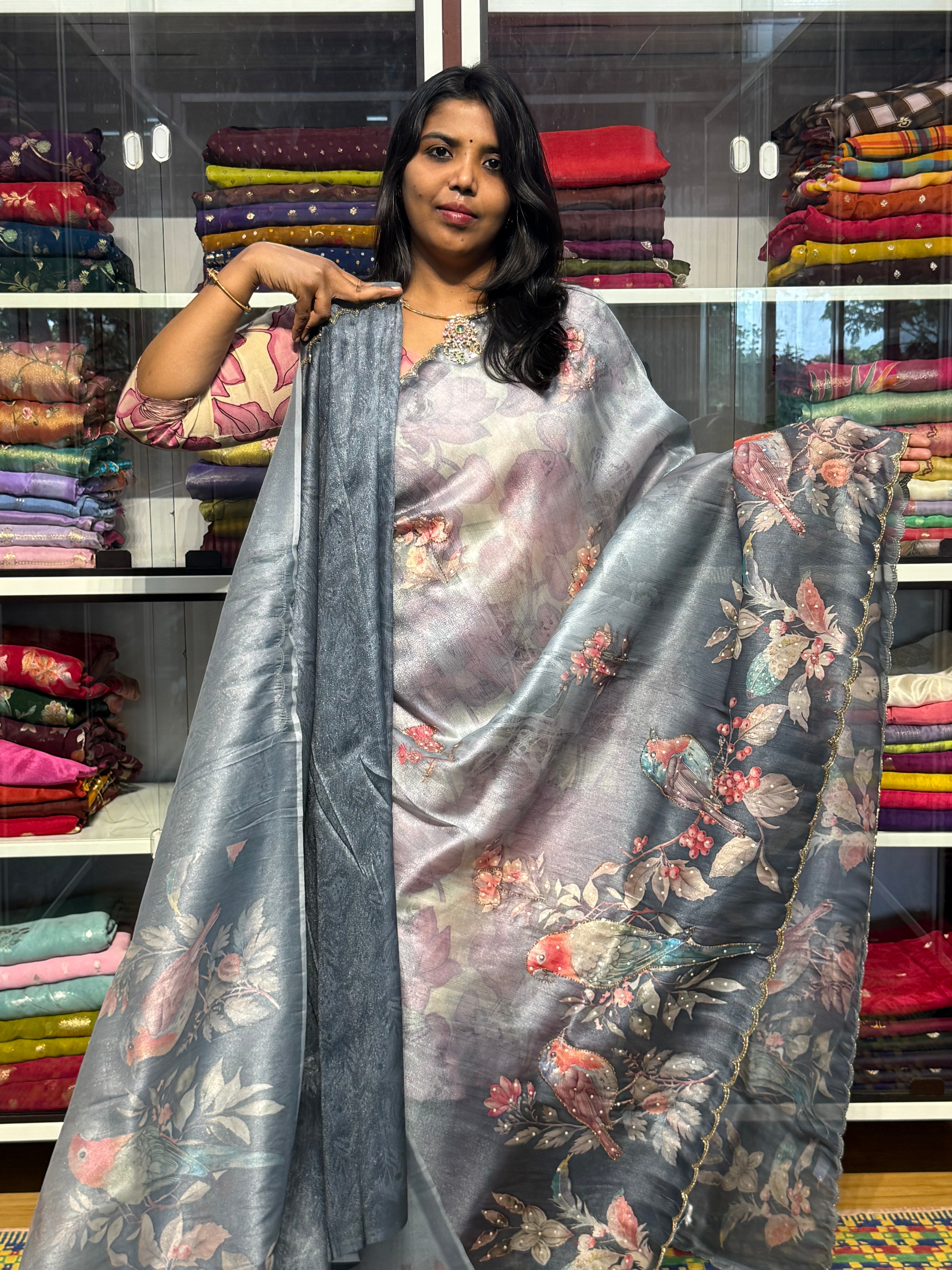 1 GM TISSUE SAREE WITH DIGITAL PRINT AND HAND WORK: GREY